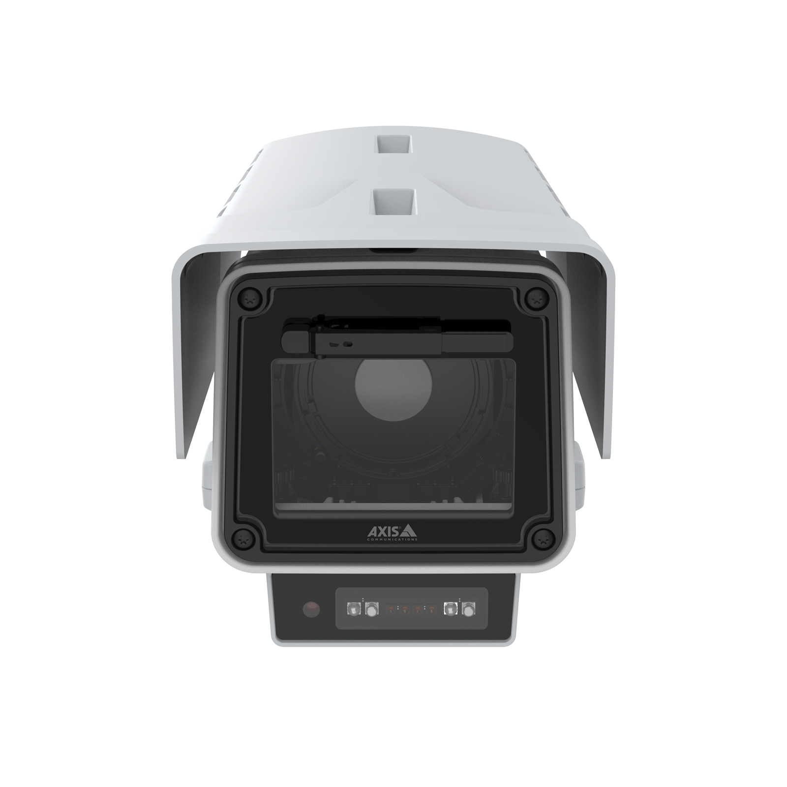 Kamera bezpieczeństwa, biała, z czarnym obiektywem. Kamera ma osłonę. Izolowana na białym tle.