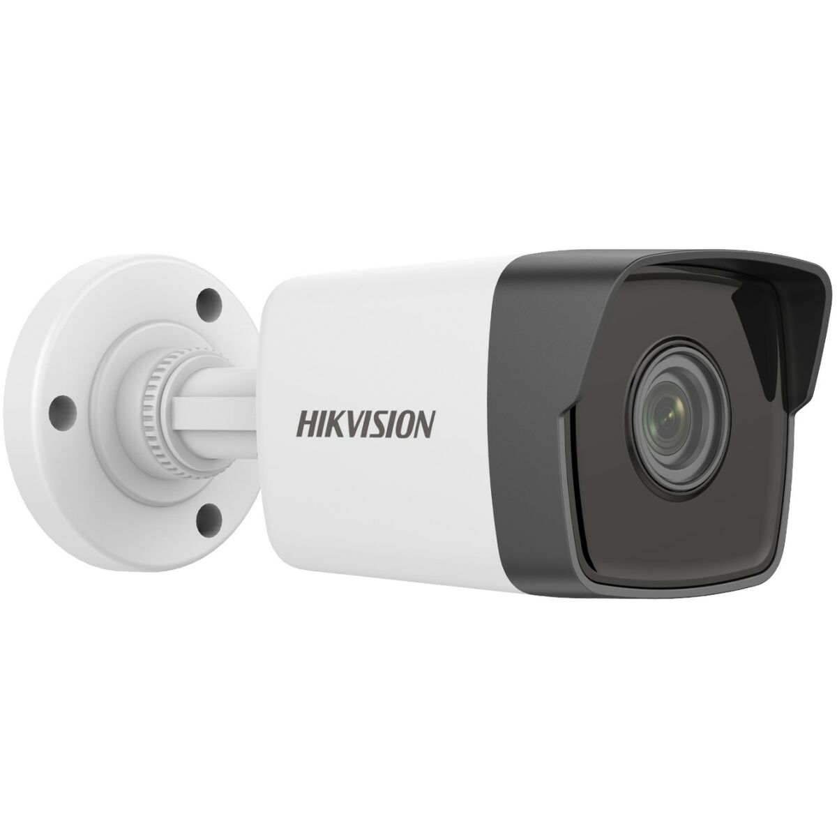 Weiße und schwarze Hikvision-Überwachungskamera, an der Wand montiert.