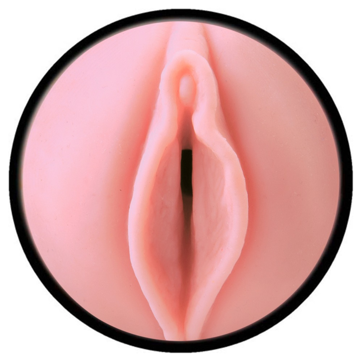 Vista de cerca de una vagina artificial rosa y abierta dentro de un marco circular negro. La abertura está centrada.