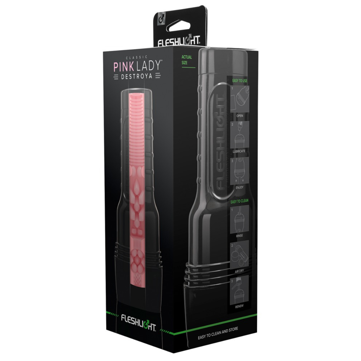 Juguete sexual en caja. Interior rosa. Caja negra con texto blanco e instrucciones.