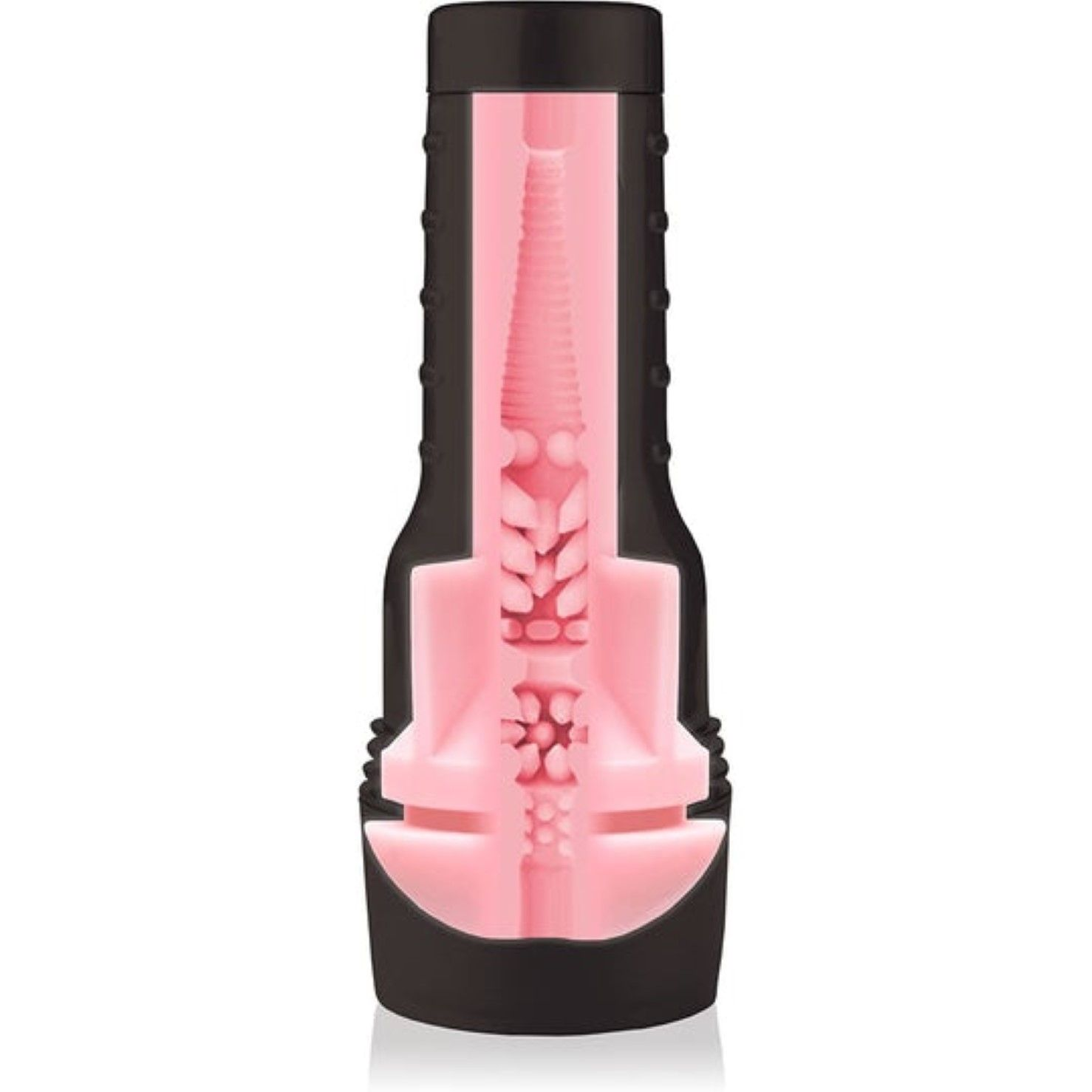 Un interior de Fleshlight negro con una estructura interna rosa y acanalada. El dispositivo está diseñado para uso sexual.