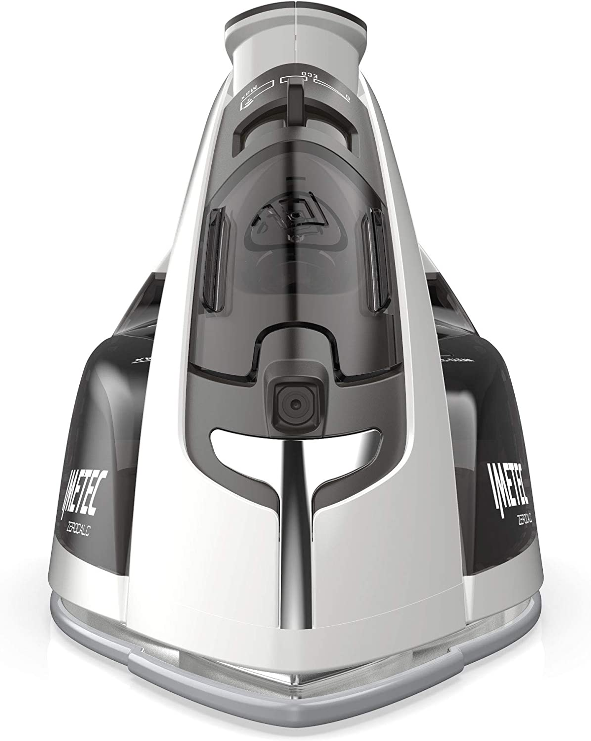 Białe i czarne żelazko. Ma przezroczysty zbiornik na wodę i napis IMETEC.