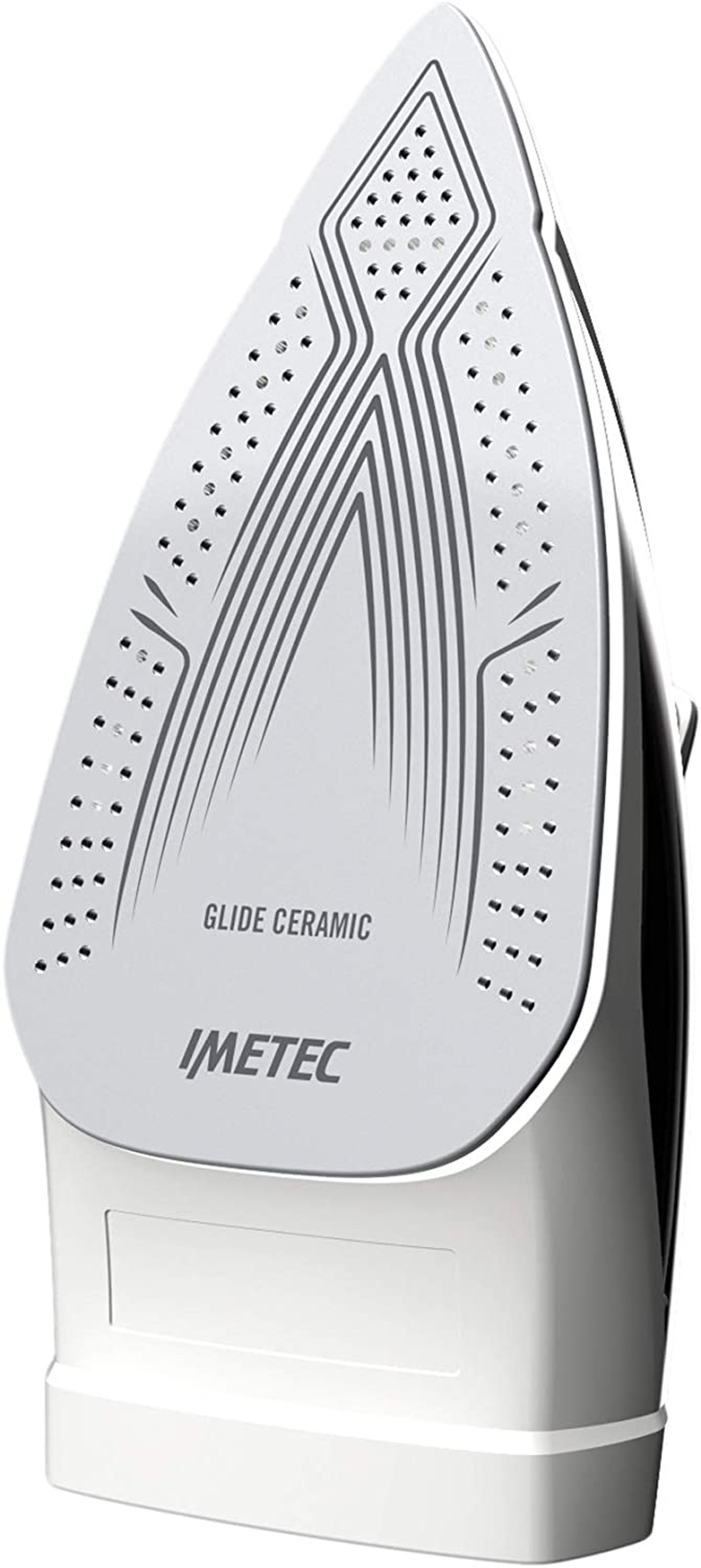 Biała i szara stopa żelazka z tekstem GLIDE CERAMIC i IMETEC.