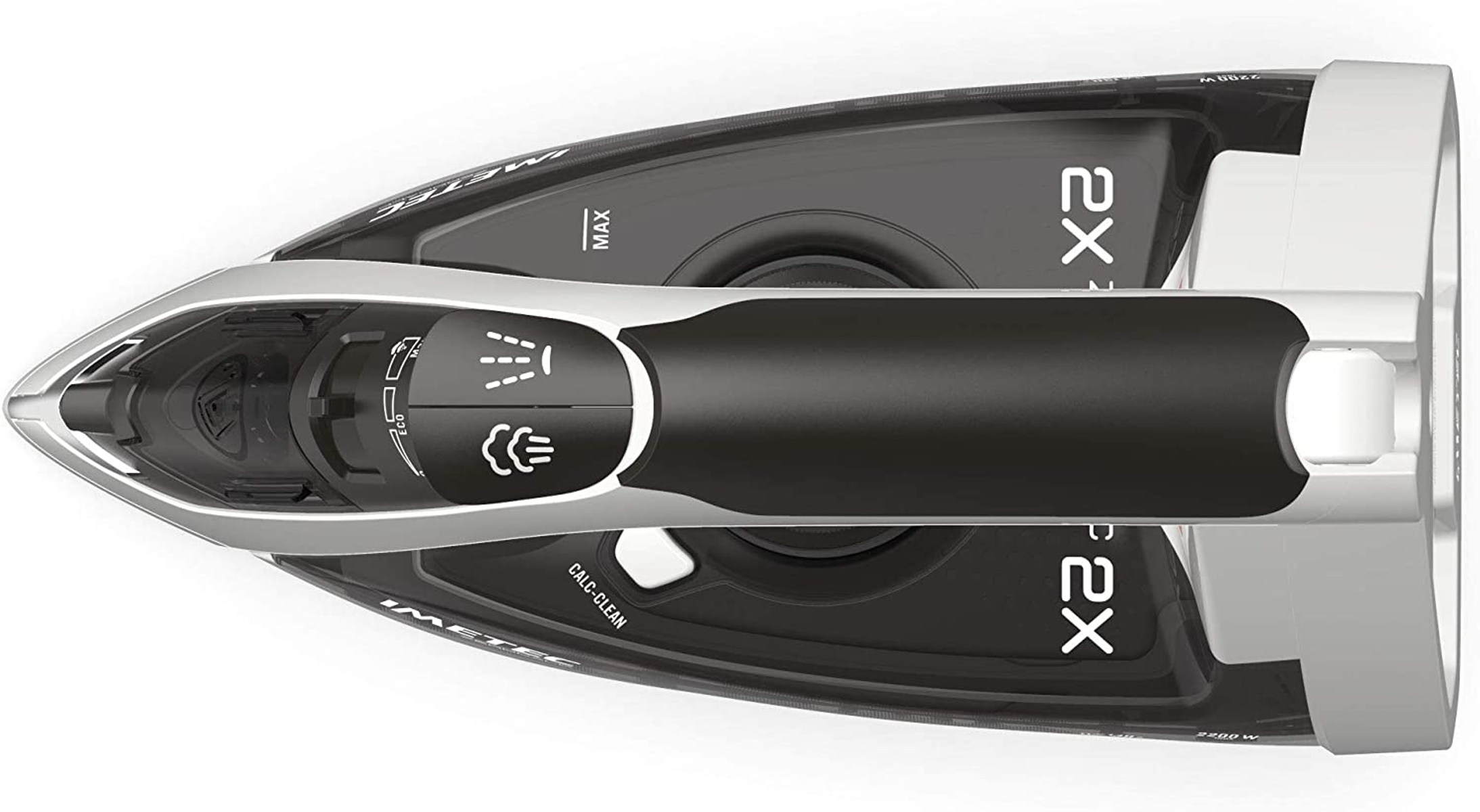 Widok z góry na białe i czarne żelazko. Tekst to IMETEC i x2. Posiada ikony spryskiwania wodą i parą.