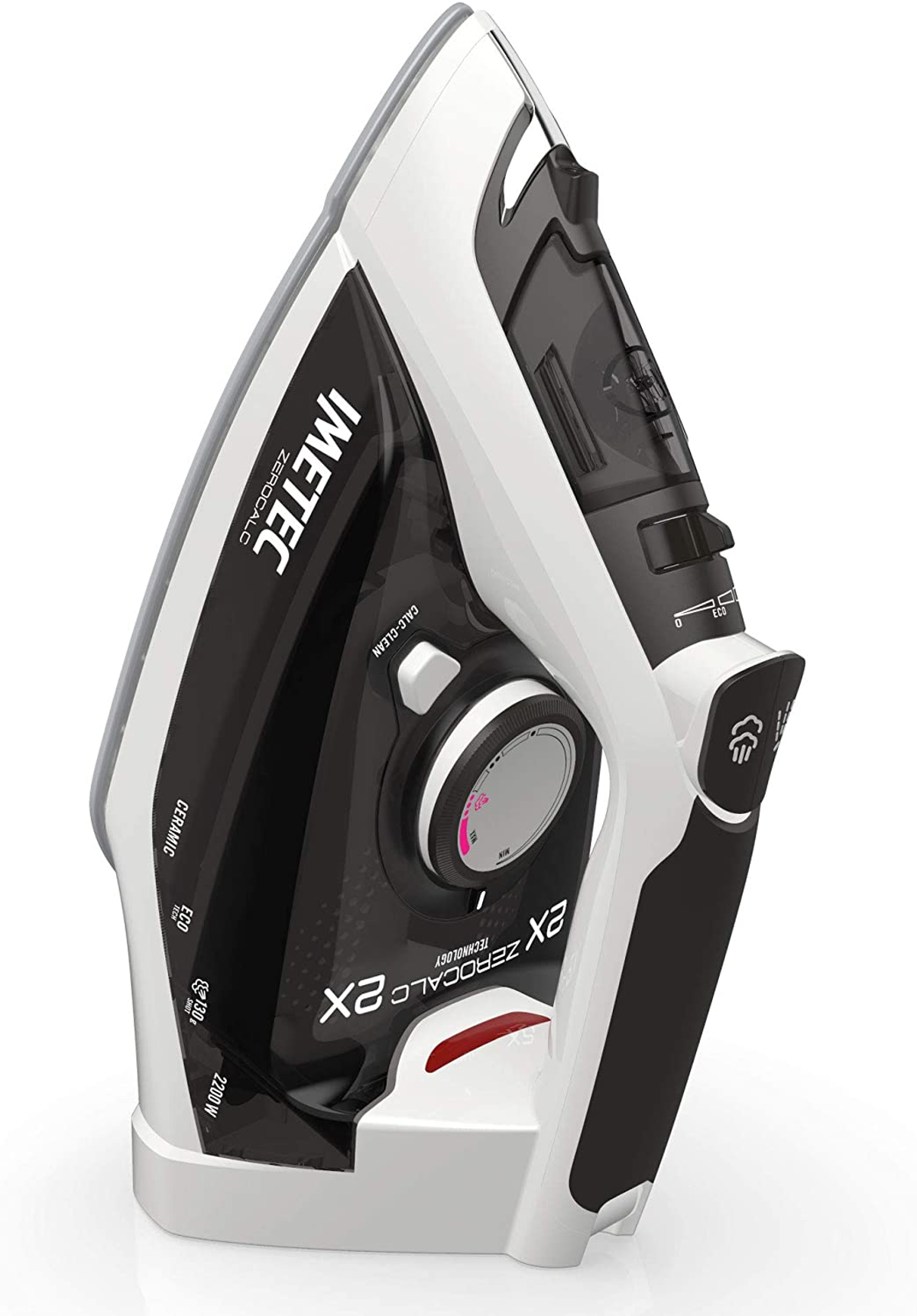 Białe i czarne żelazko. Widoczny jest tekst IMETEC ZERO SCALE 2X.