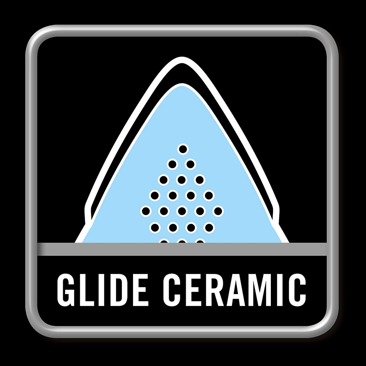 Czarny kwadrat z jasnoniebieskim trójkątem z otworami i tekstem GLIDE CERAMIC.