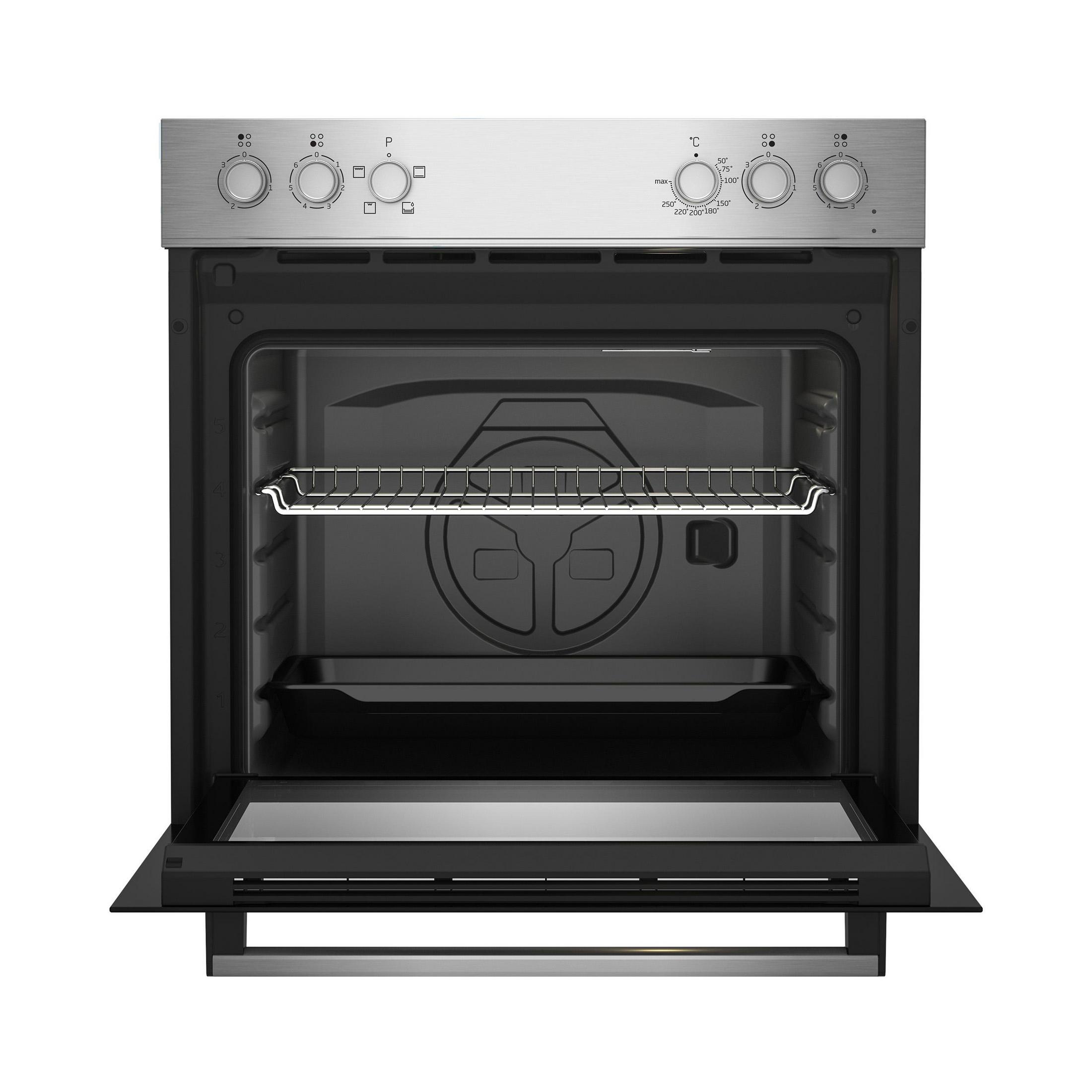 Un forno aperto con una griglia e una teglia visibili all'interno.