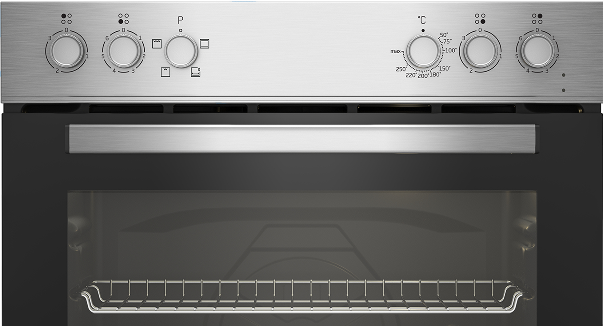 Forno con manopole di controllo e interno visibile. Finitura in acciaio inossidabile.