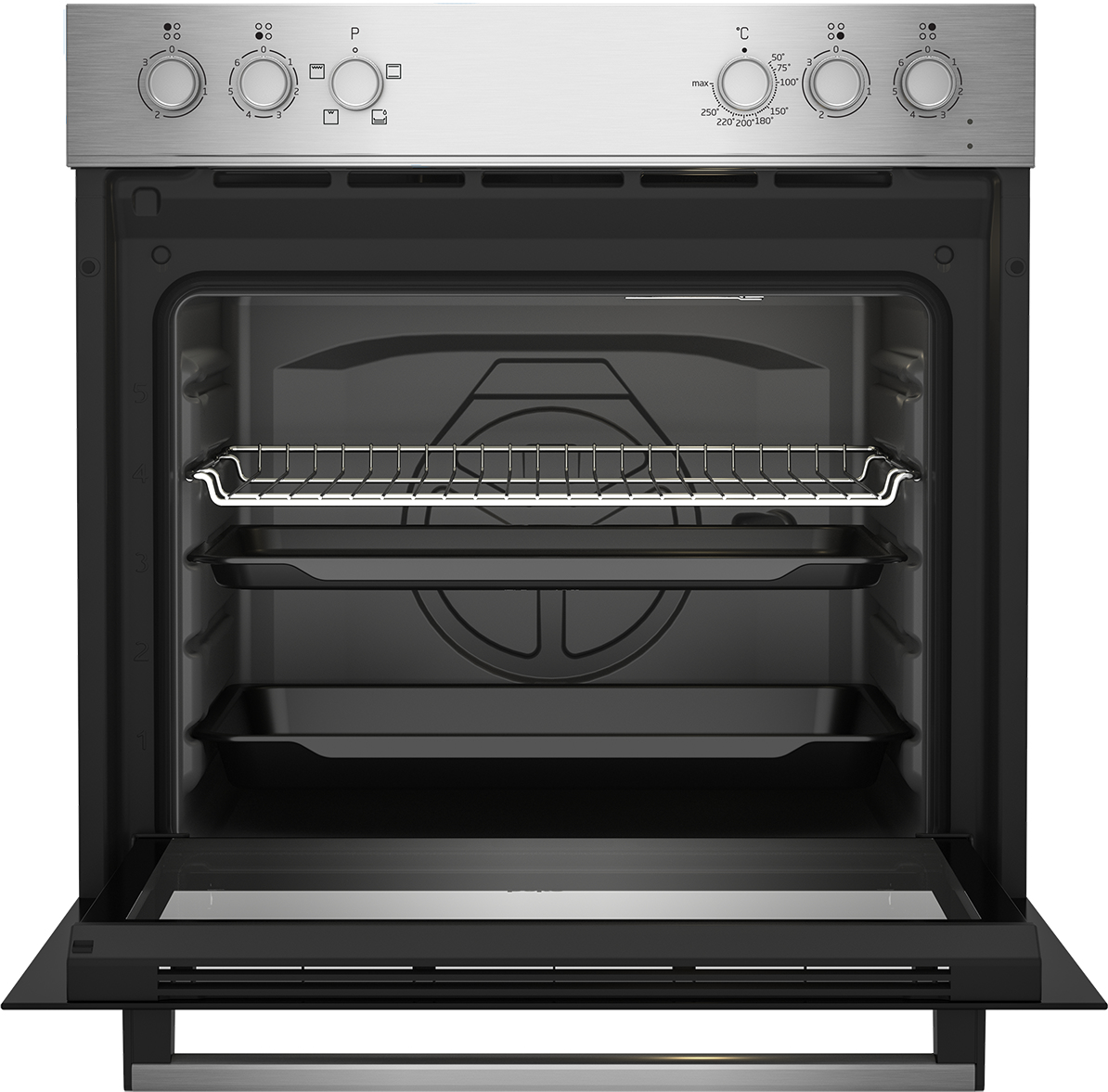 Un forno aperto con griglie e vassoi all'interno e pannello di controllo in alto.