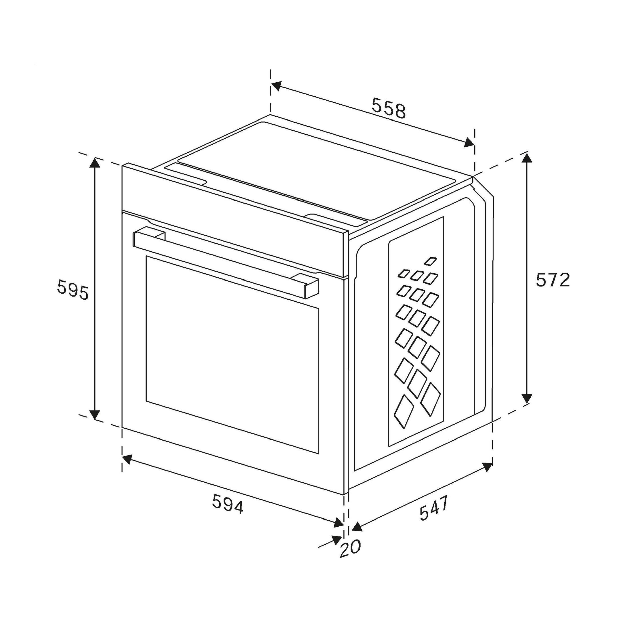 Diagramm eines Ofens mit Abmessungen in Millimetern: 595x594x572.