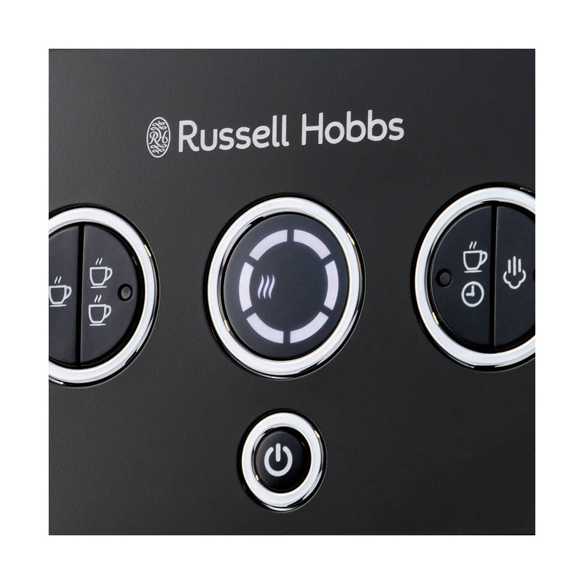 Bir Russell Hobbs kahve makinesinin kontrol panelinin yakın çekimi. Düğmeler ve semboller görünür durumda.