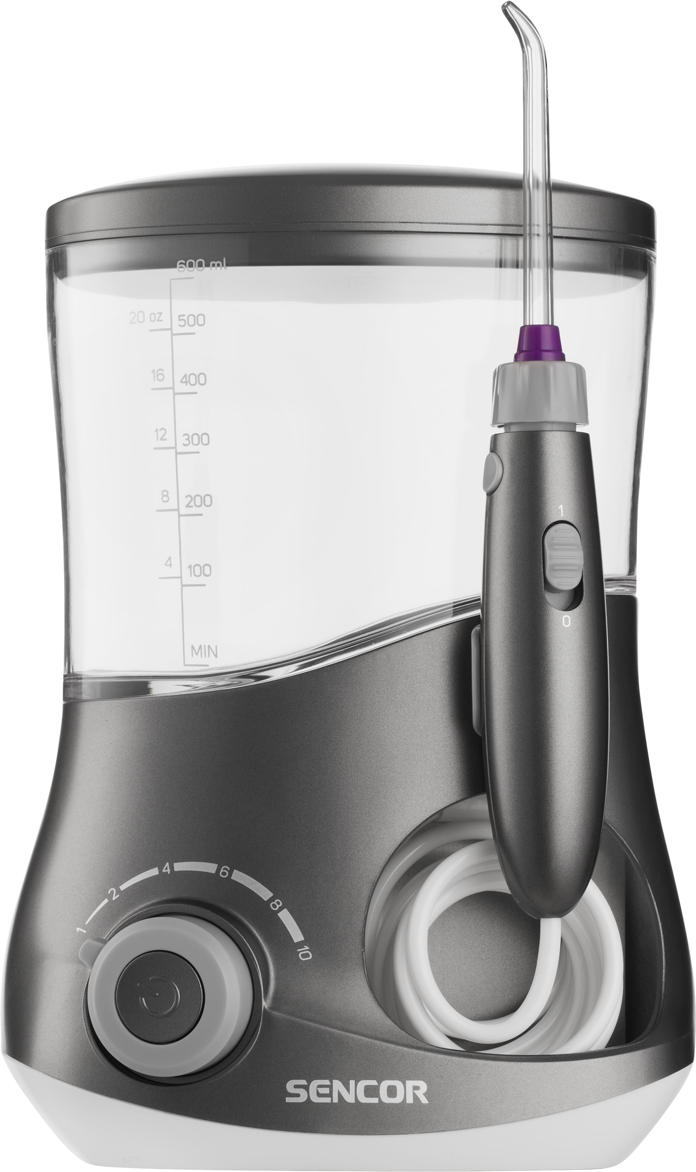 Grauer Wasser-Flosser mit Wassertank und Flosserkopf auf weißem Hintergrund.