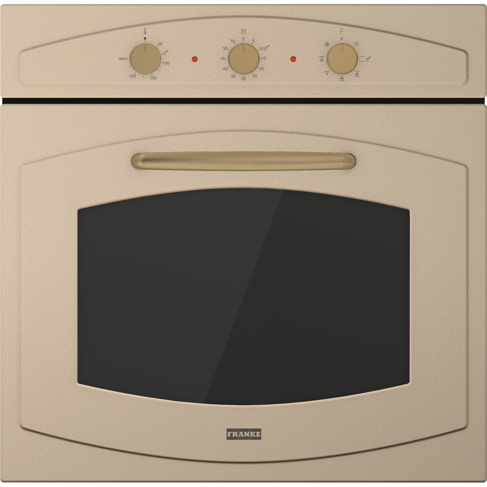Forno beige. Controlli superiori: manopole, indicatori. Porta in vetro con maniglia. Logo FRANK argento.