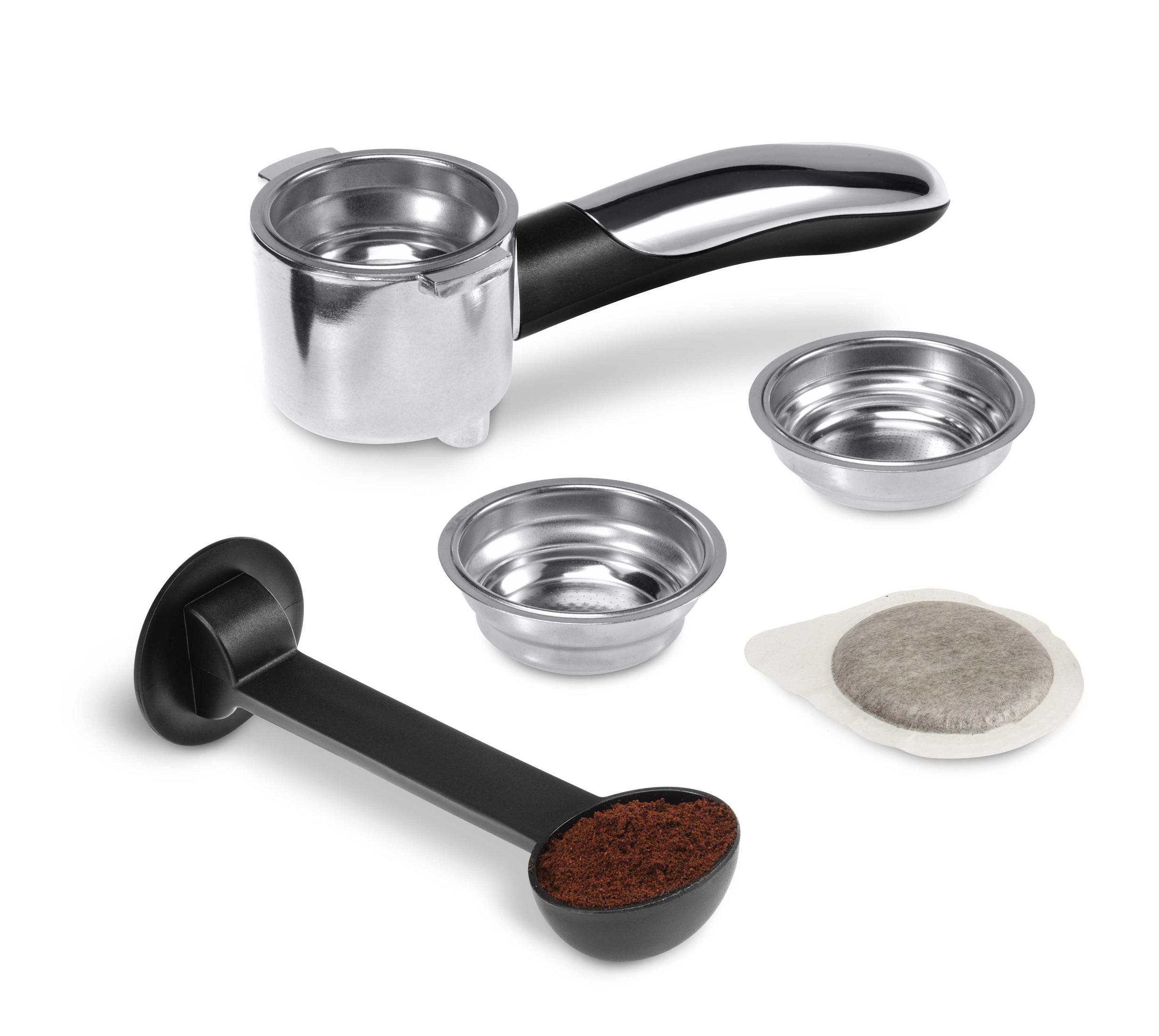 Części ekspresu do kawy: kolba, koszyki filtracyjne i miarka do kawy.