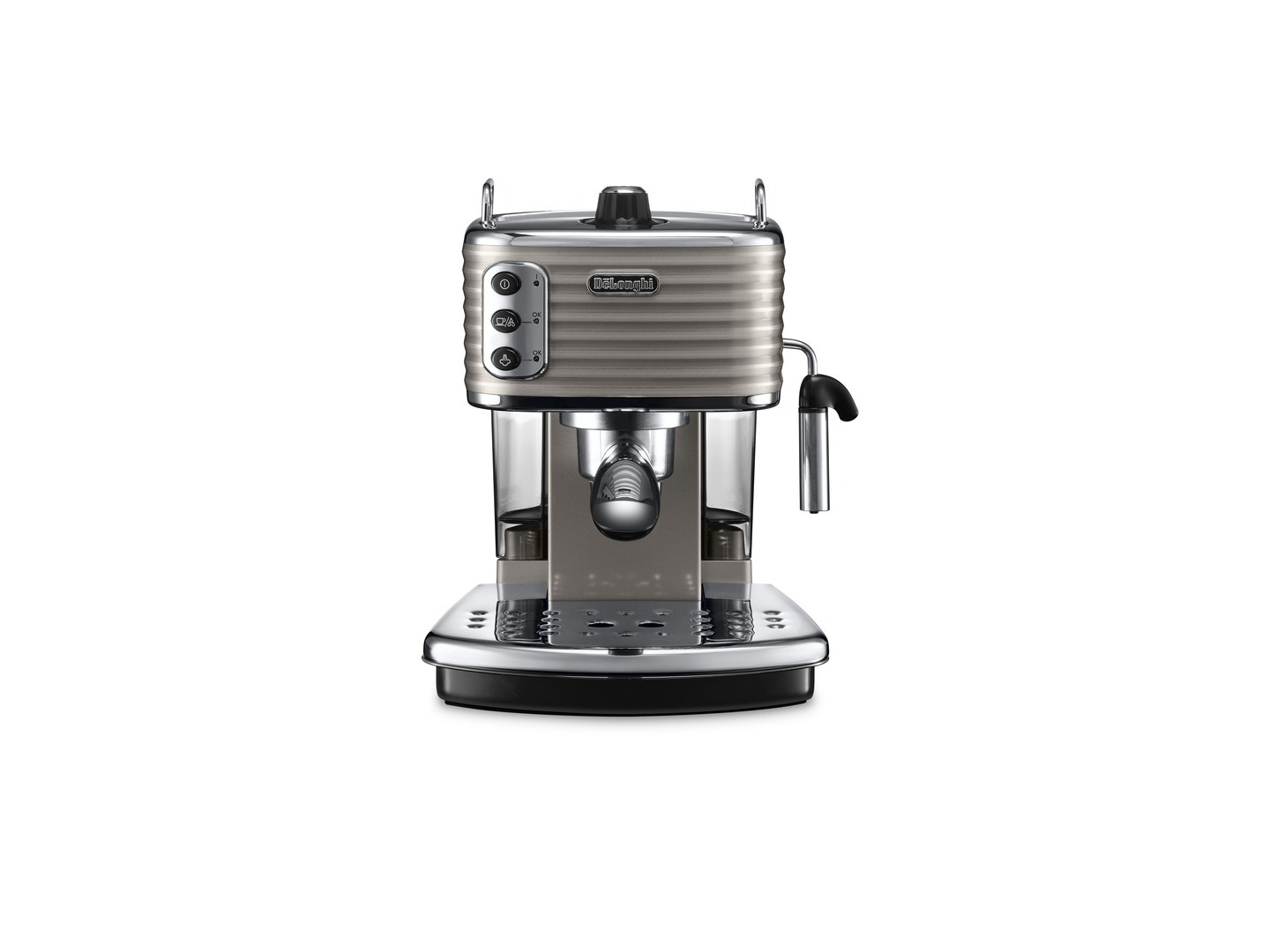 Szary ekspres do kawy DeLonghi ze zbiornikiem na wodę na białym tle.