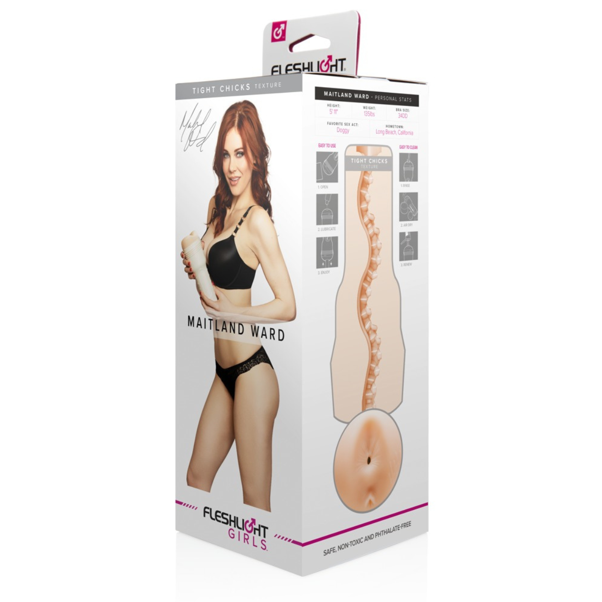 Box mit einer Frau, die ein Fleshlight hält. Text: Maitland Ward.