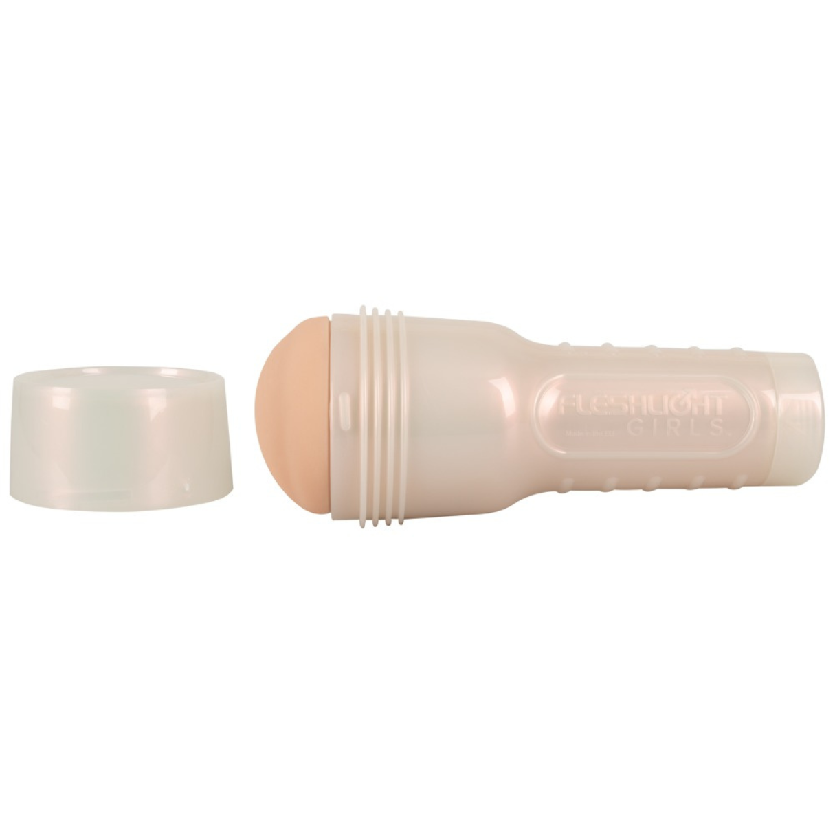 Ein Fleshlight mit rosa Kopf und weißem Körper und einer abgenommenen Kappe.