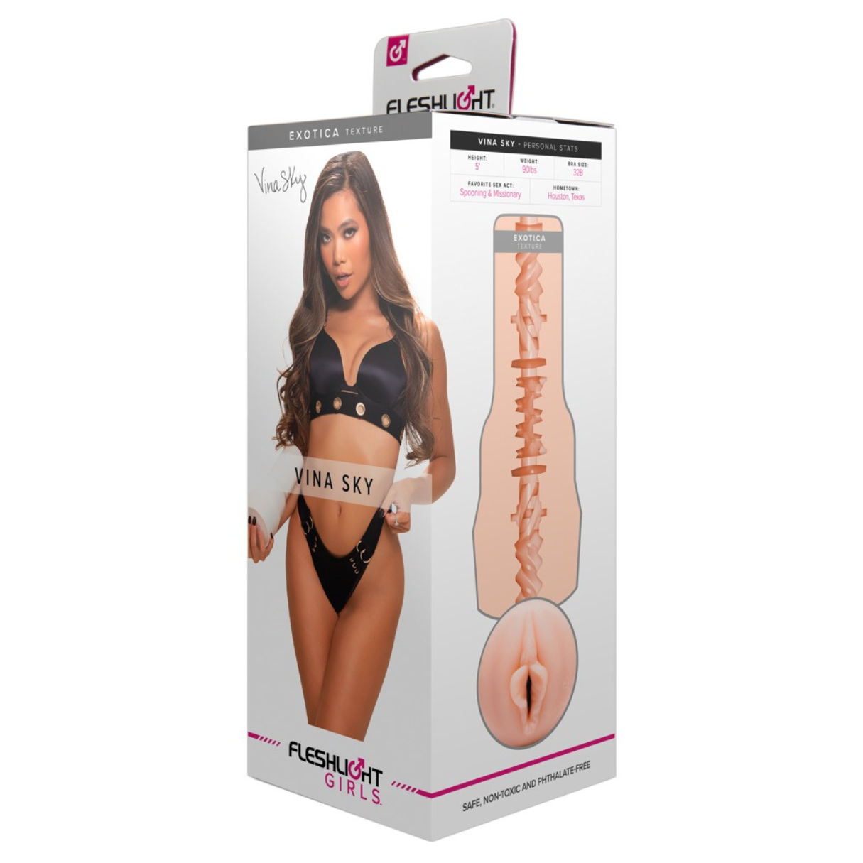 Box mit einer Frau, die ein Fleshlight hält. Text: Vina Sky.