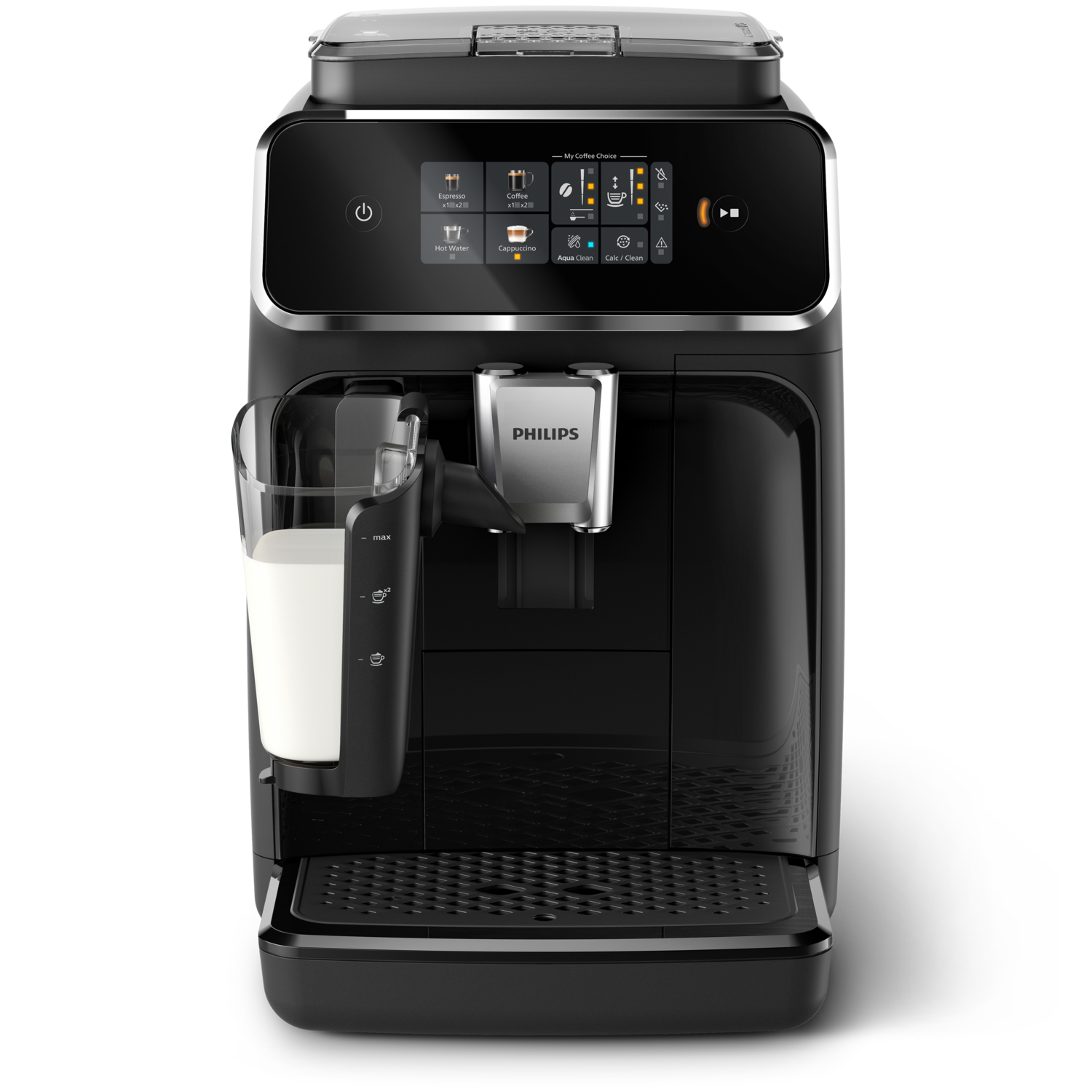Macchina da caffè Philips nera. Contenitore del latte a sinistra. Un latte è in preparazione nel bicchiere.