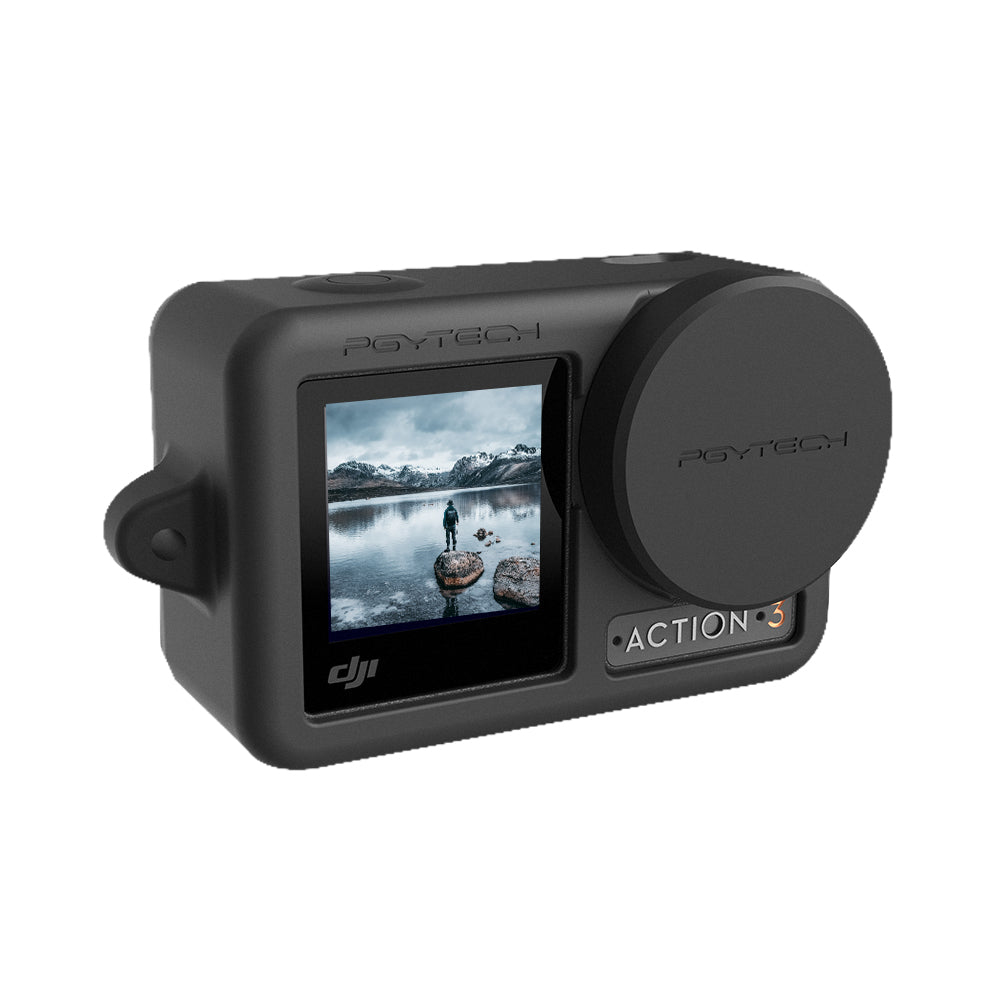 Czarny futerał PGYTECH z aparatem, pokazujący ekran z krajobrazem.