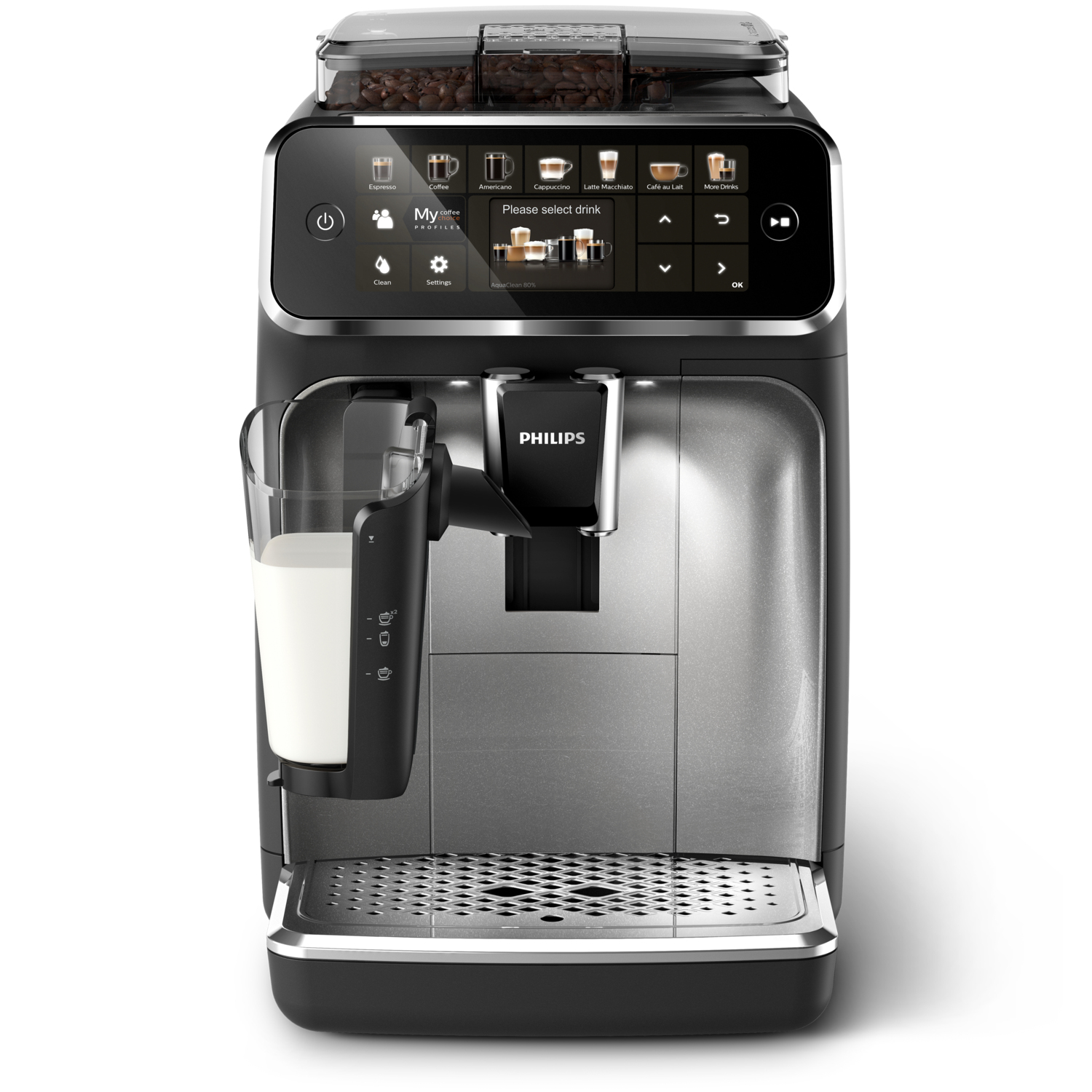 Dokunmatik ekranlı ve süt köpürtücülü siyah ve gümüş Philips espresso makinesi.