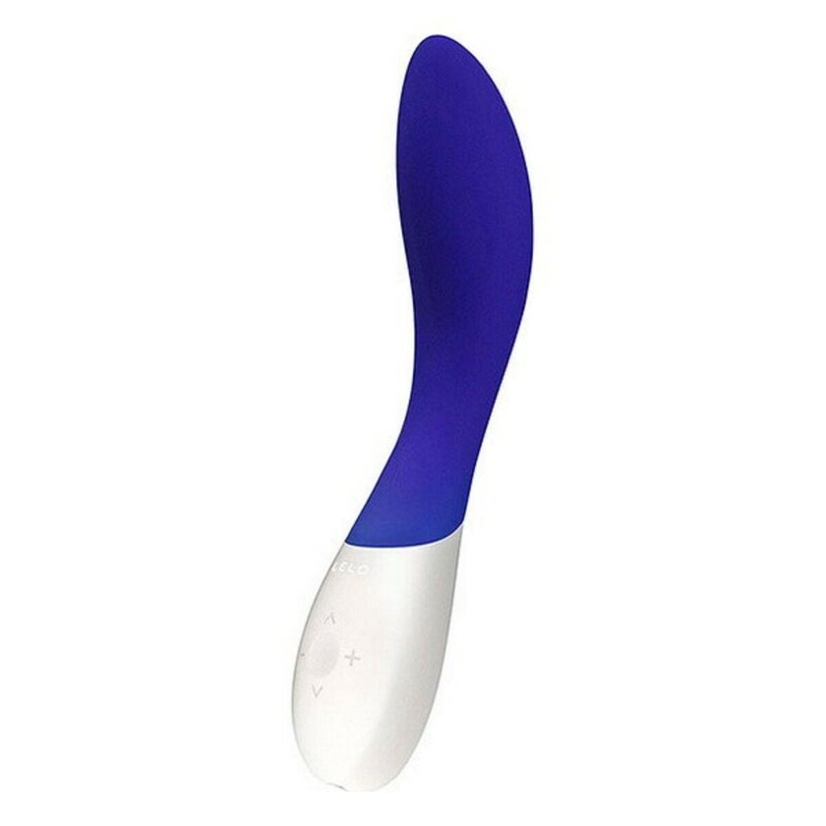 Un vibrador azul y blanco se alza sobre un fondo blanco.