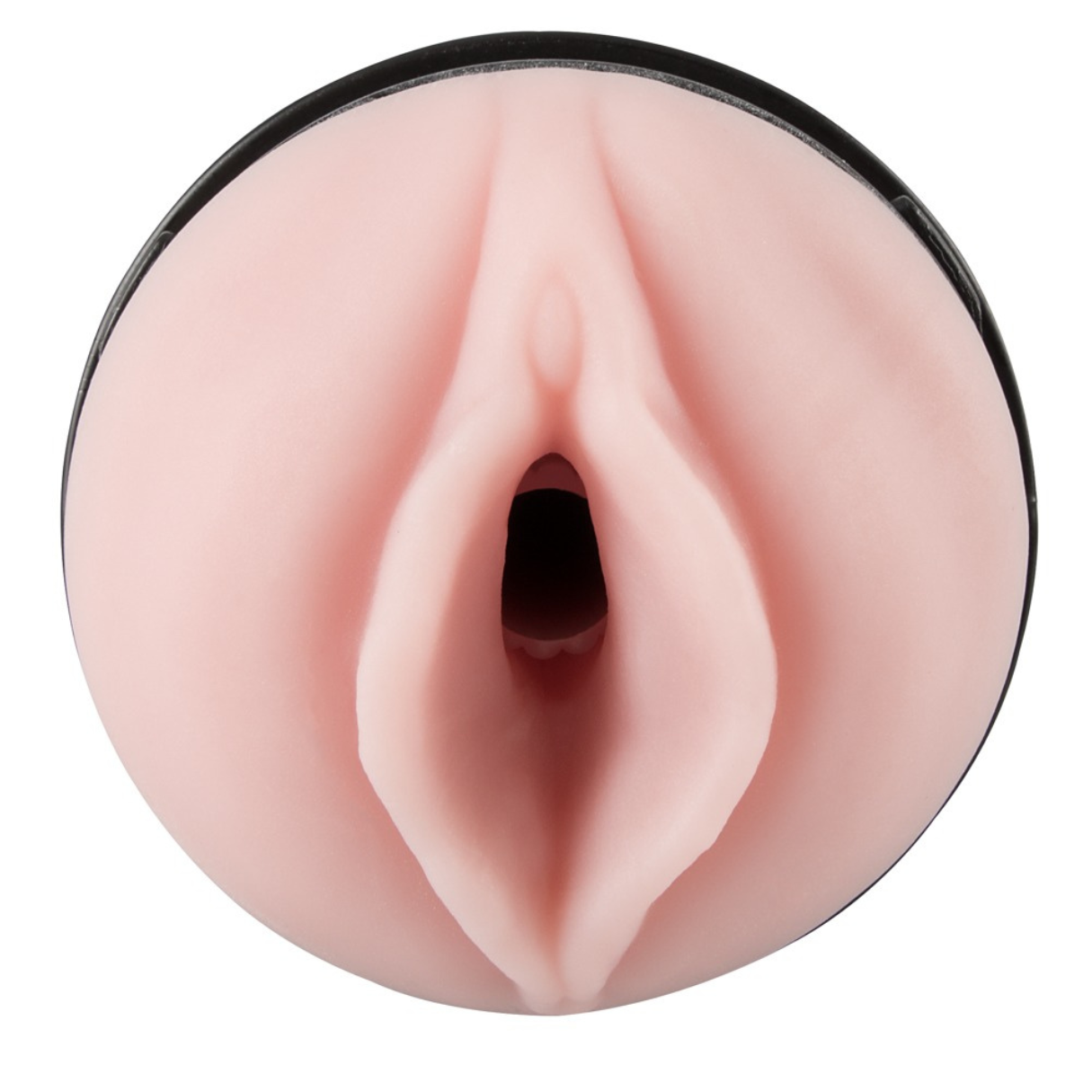 Ein rosa Fleshlight-Spielzeug mit schwarzem Rand. Es hat eine Öffnung in der Mitte.