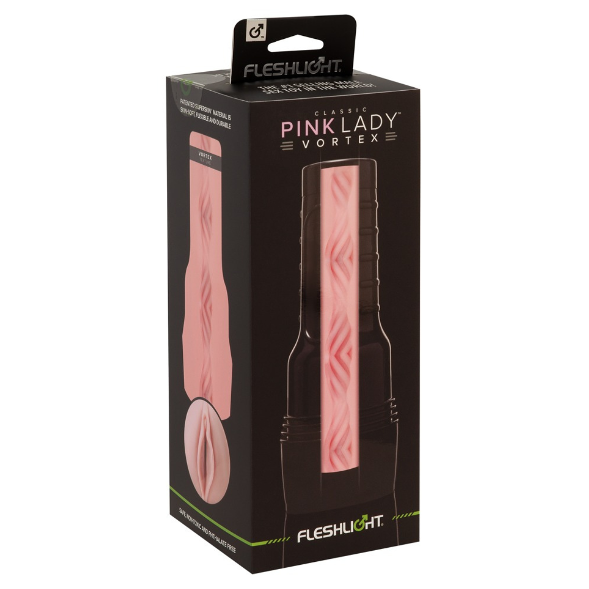 Schachtel mit einem rosa Fleshlight-Spielzeug. Der Text 'Pink Lady Vortex' ist sichtbar.