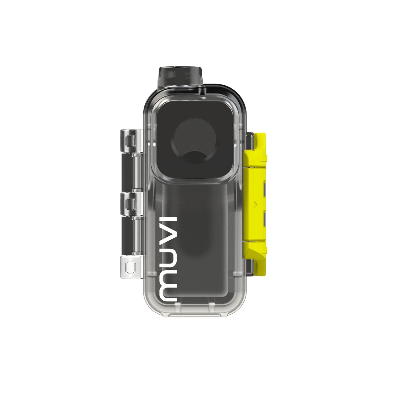 Czarna i przezroczysta wodoszczelna obudowa kamery. Z boku żółty akcent.