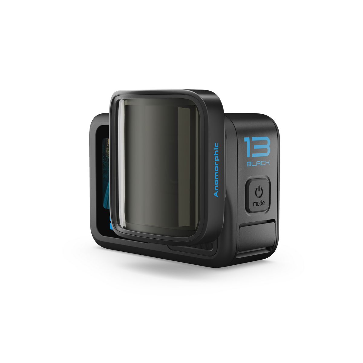 Schwarze GoPro-Kamera mit Objektiv und Bildschirm, weißer Hintergrund.