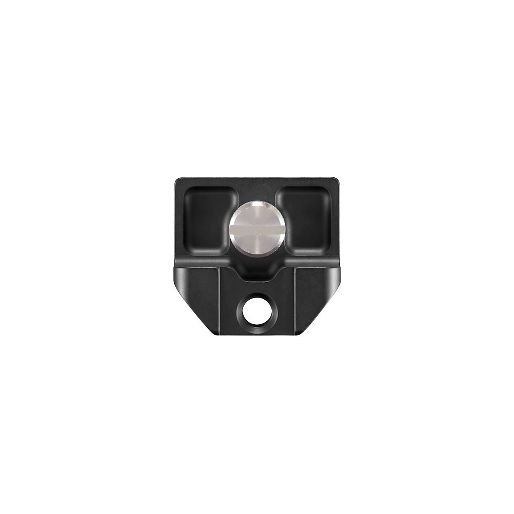 Czarna płyta do aparatu z centralną śrubą i otworem, na białym tle.