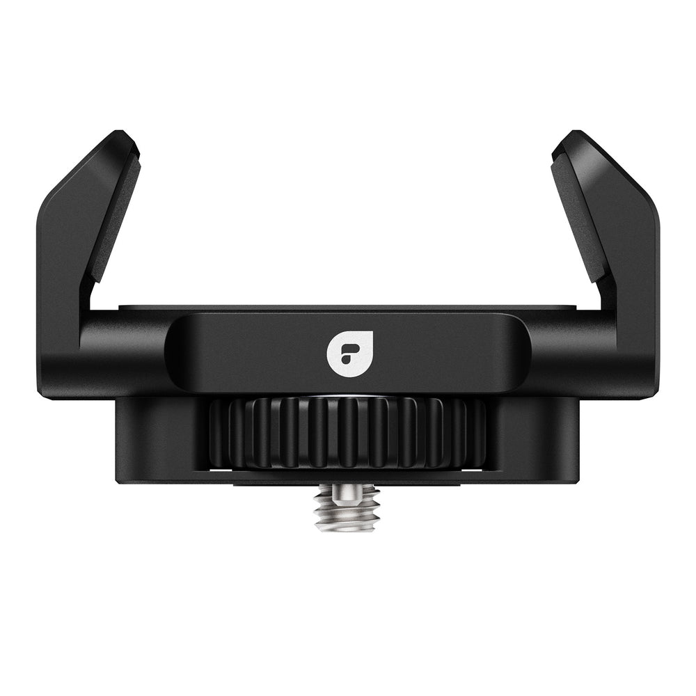 Czarny uchwyt do telefonu z mocowaniem śrubowym i logo. Uchwyt ma dwa ramiona.