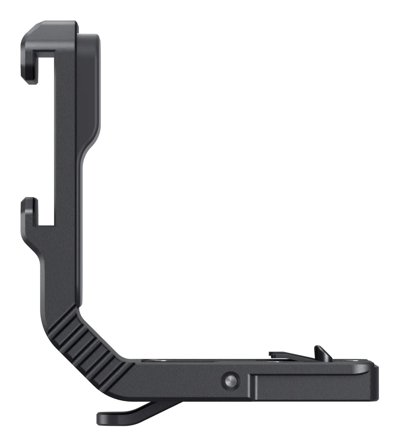 Czarny wspornik mocowania kamery. Wspornik ma haczyk i płytkę montażową.