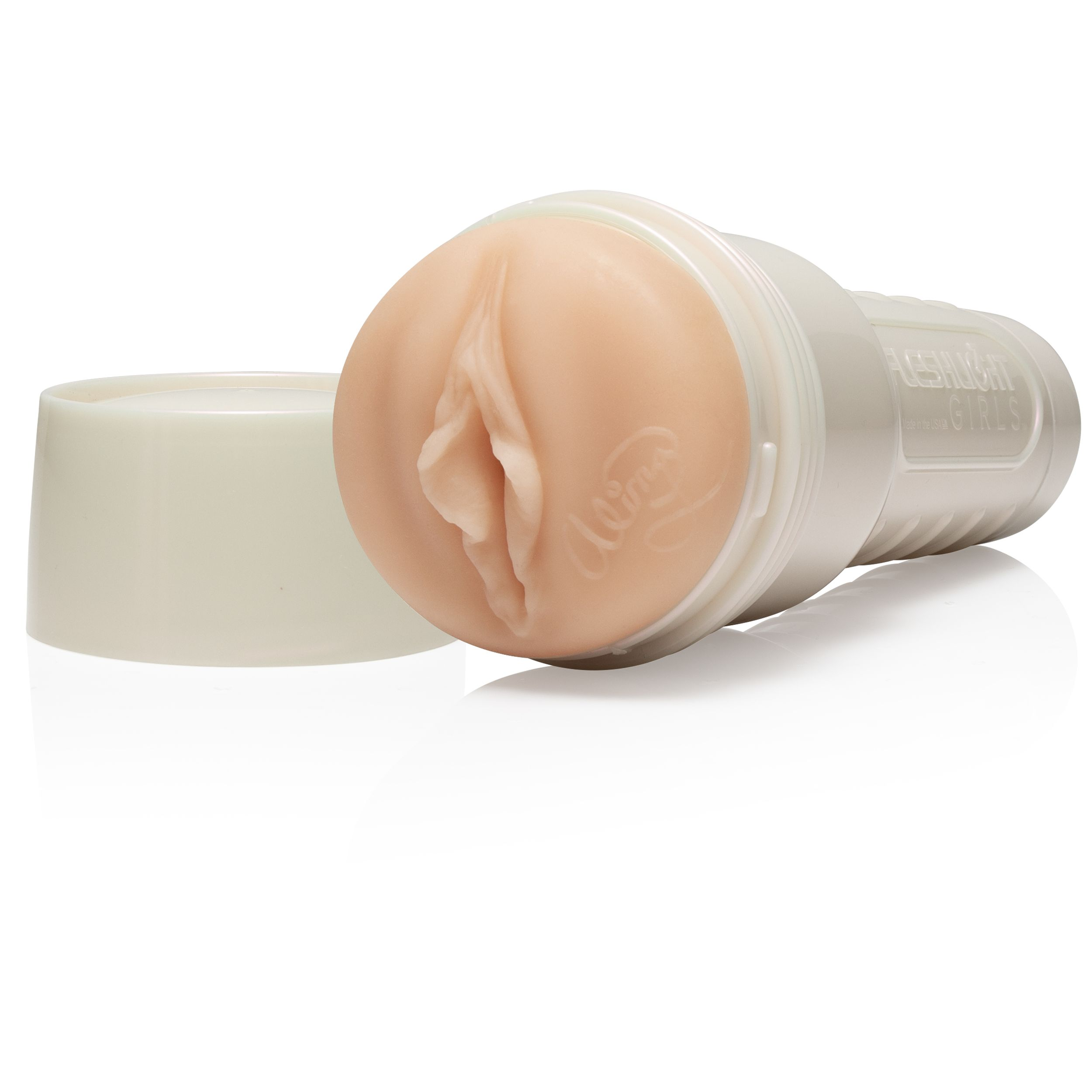 Produkt Fleshlight, biały i w kolorze skóry, z otwartą pokrywą, białe tło.
