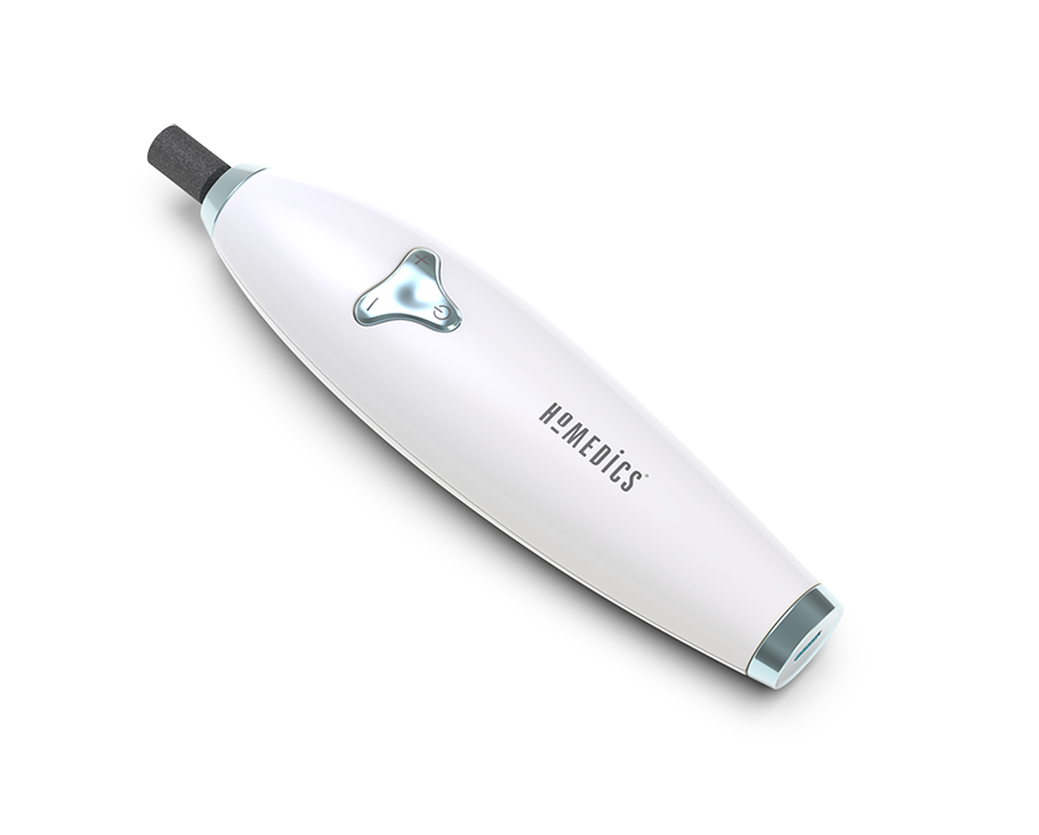 Biała elektryczna maszynka do strzyżenia włosów w nosie, pod kątem na białym tle, podświetlona.