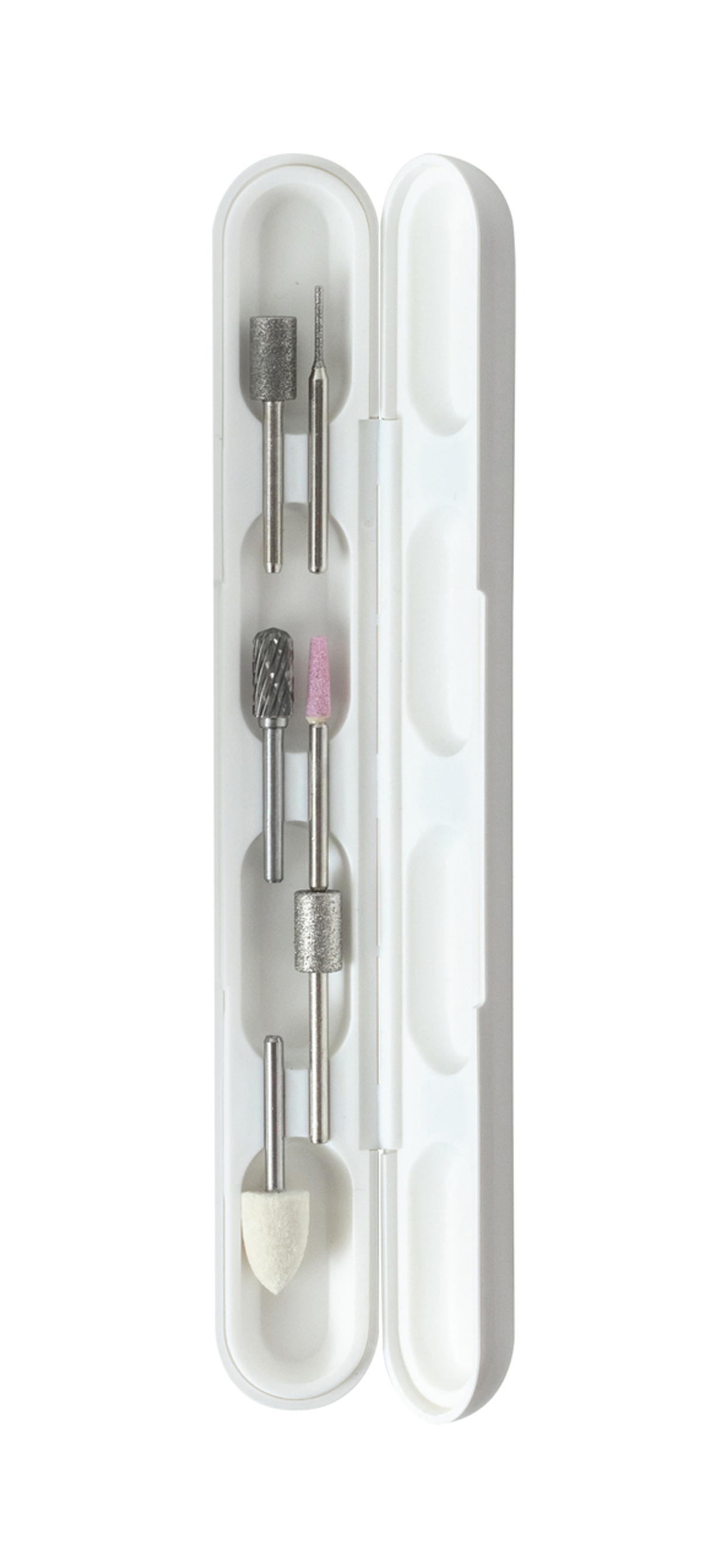 Białe etui zestawu wierteł do paznokci, otwarte. Wiertła w środku.
