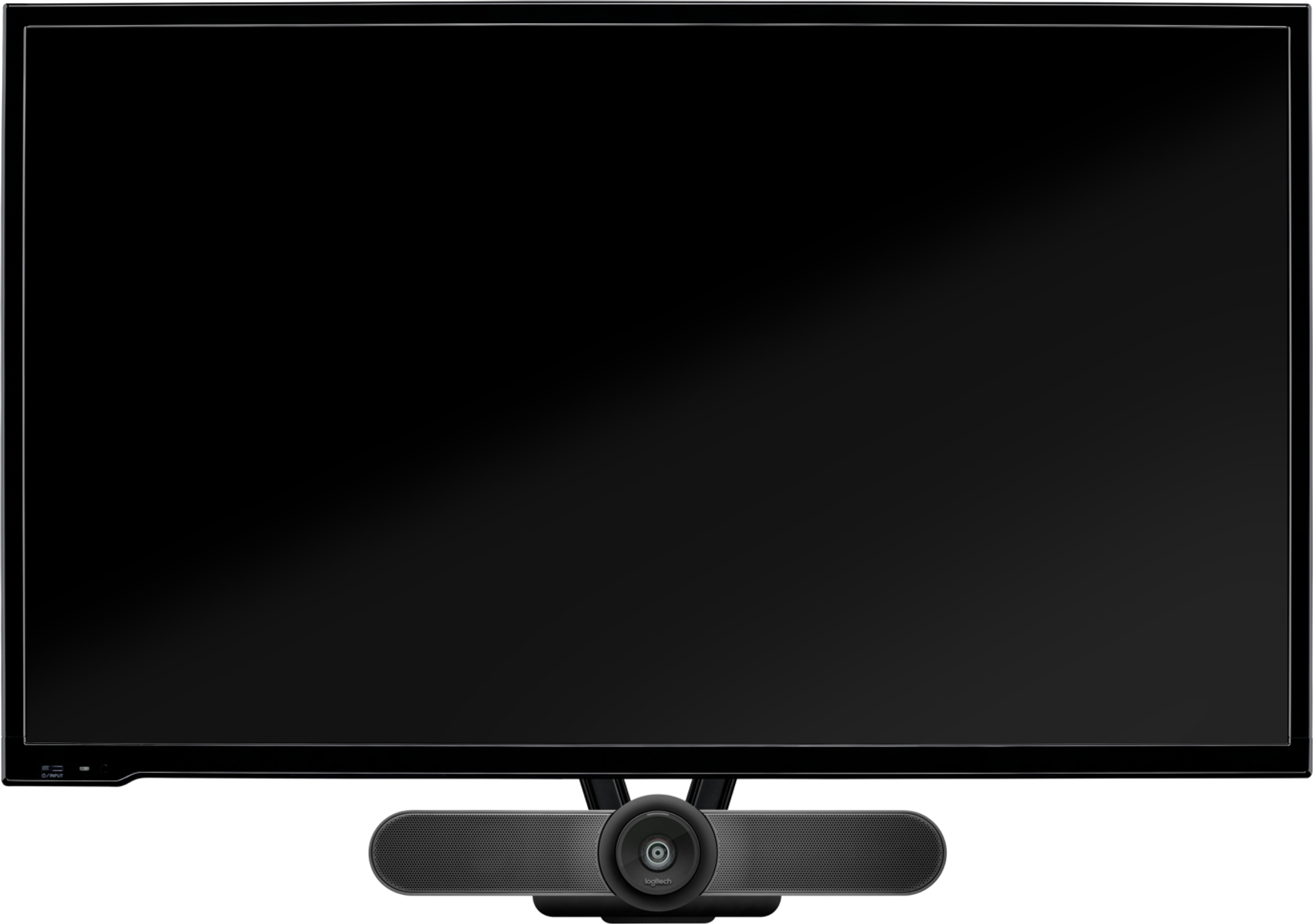 Czarny ekran telewizora z listwą dźwiękową Logitech. Telewizor jest zamontowany na ścianie.