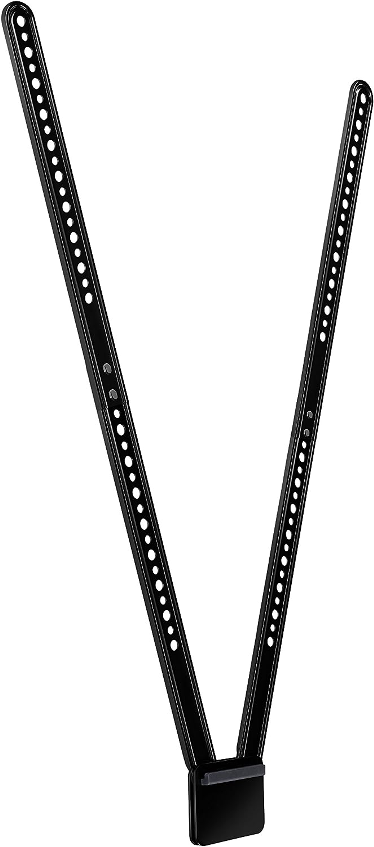 Czarny metalowy uchwyt ścienny do telewizora. Dwa kątowe ramiona z otworami.