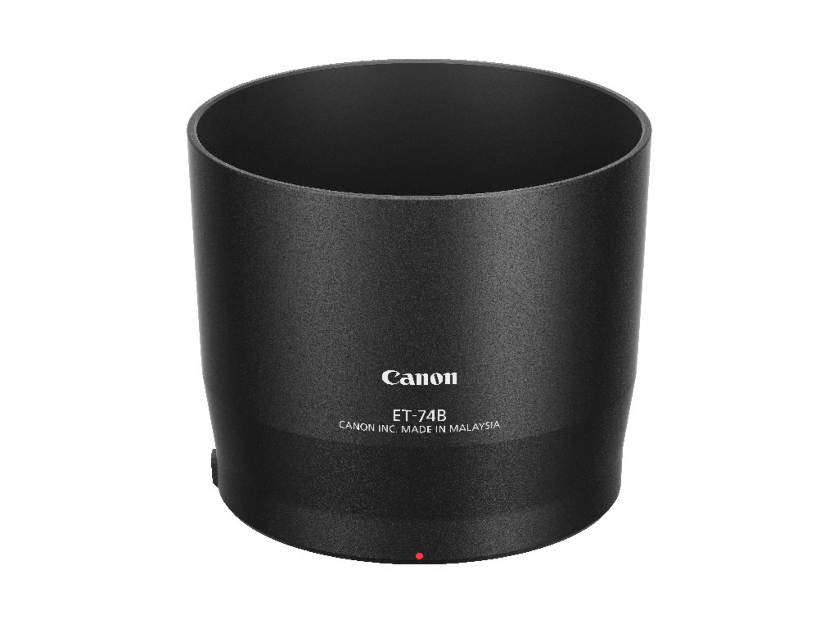Czarna osłona obiektywu z napisami 'Canon' i 'ET-74B'. Okrągły kształt.