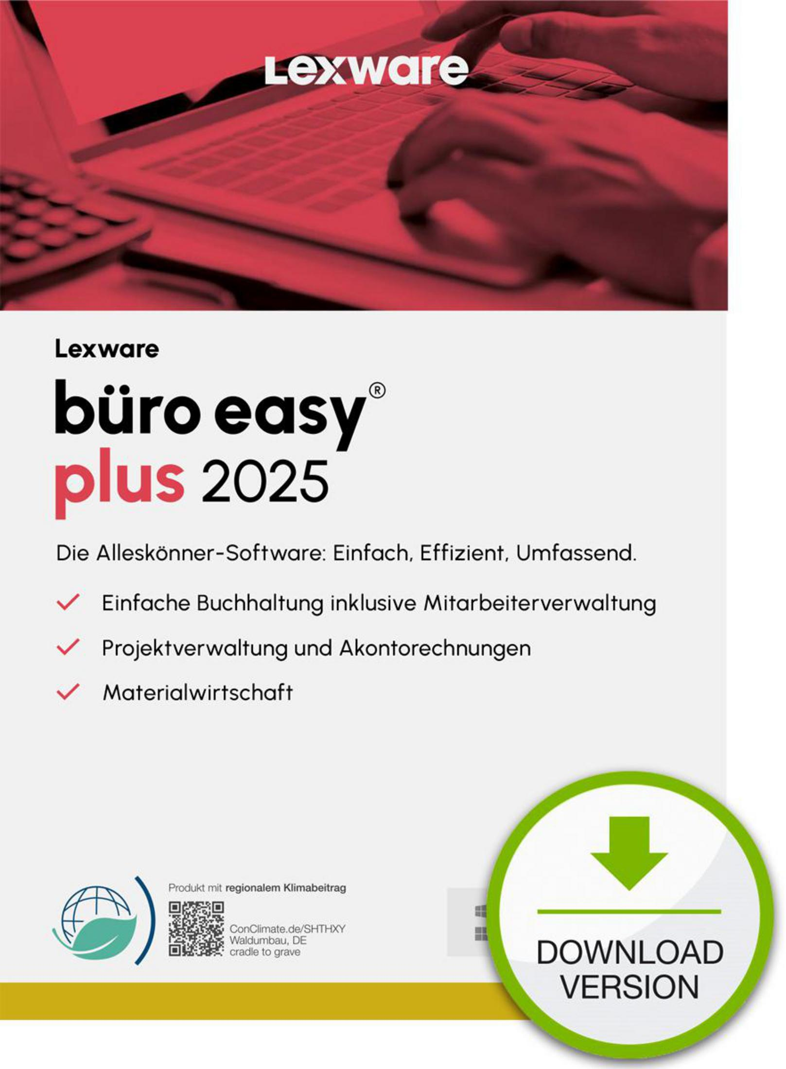 Broszura oprogramowania, z laptopem i tekstem 'büro easy plus 2025'.