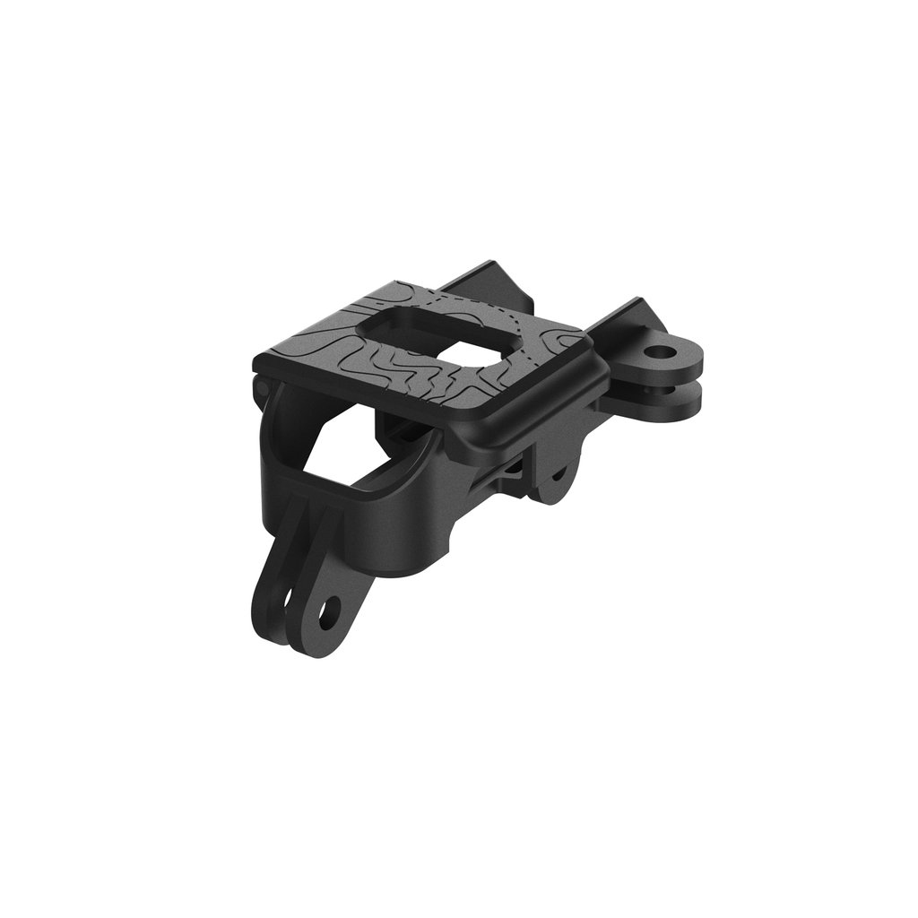 Schwarze GoPro-Halterung zur Befestigung an verschiedenen Oberflächen, flache schwarze Oberfläche.