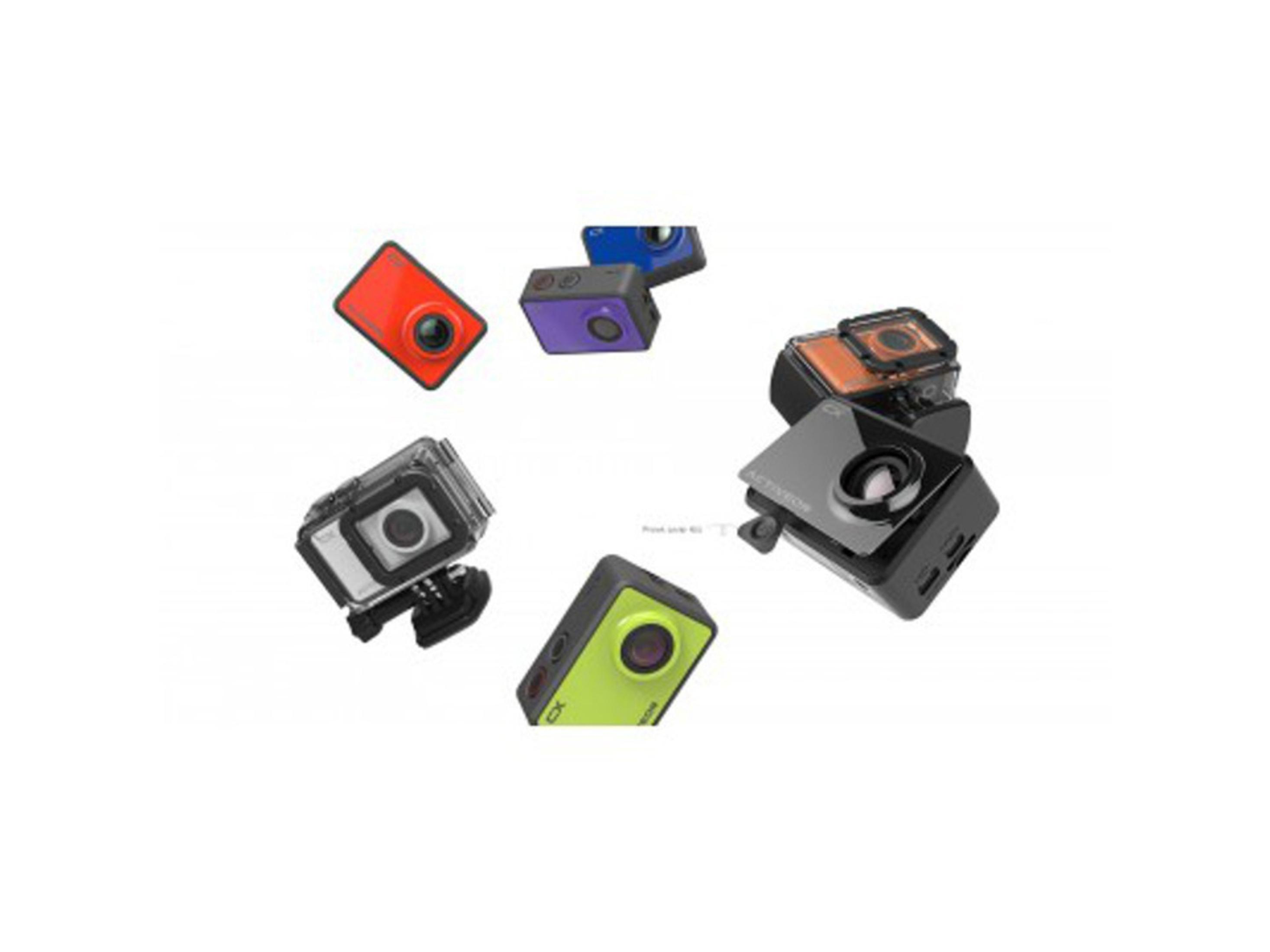 Różne kolorowe kamery sportowe, ułożone w okrąg, z obiektywami skierowanymi na zewnątrz.