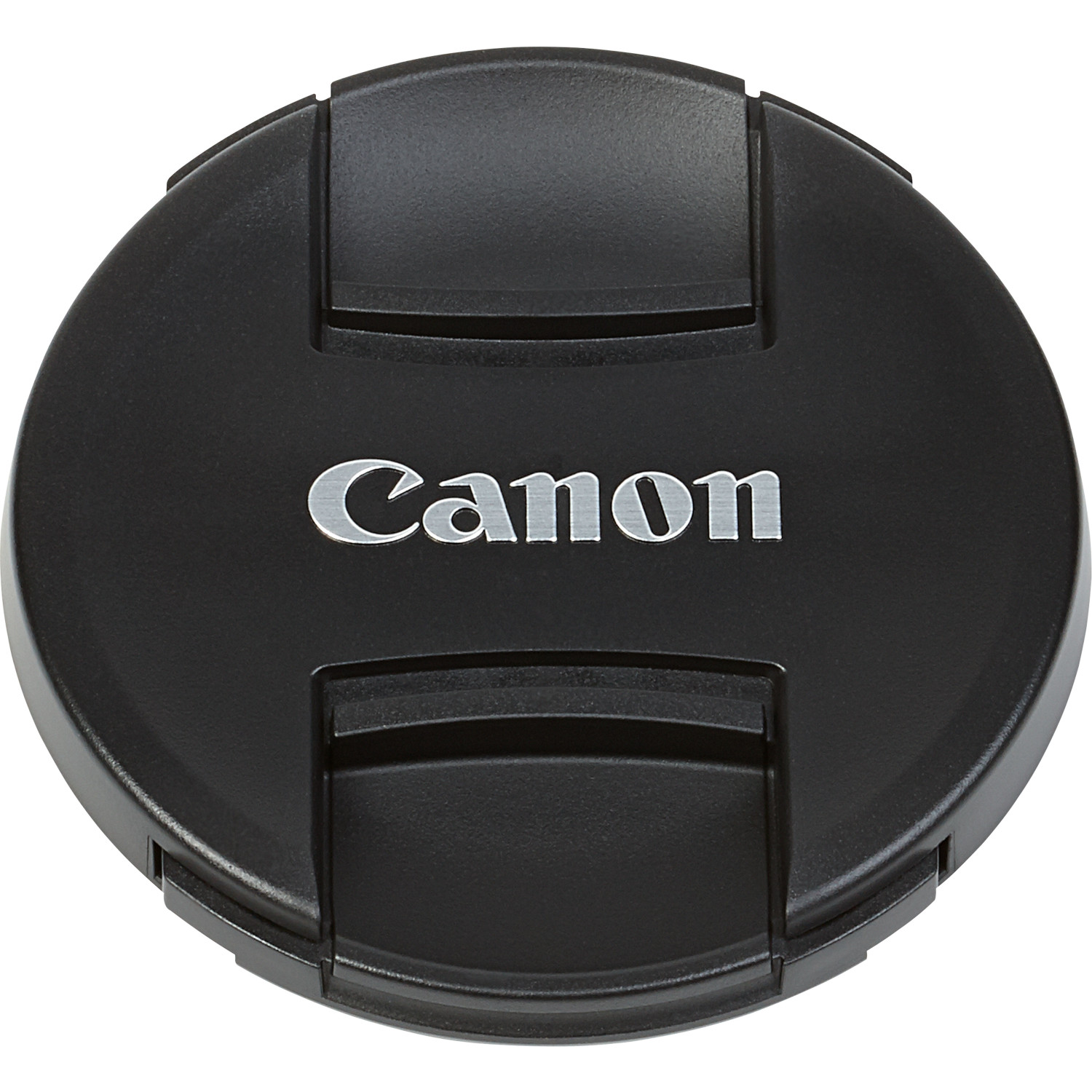 Canon Objektivdeckel. Schwarz und Silber. Canon-Logo ist sichtbar. Der Hintergrund ist weiß.