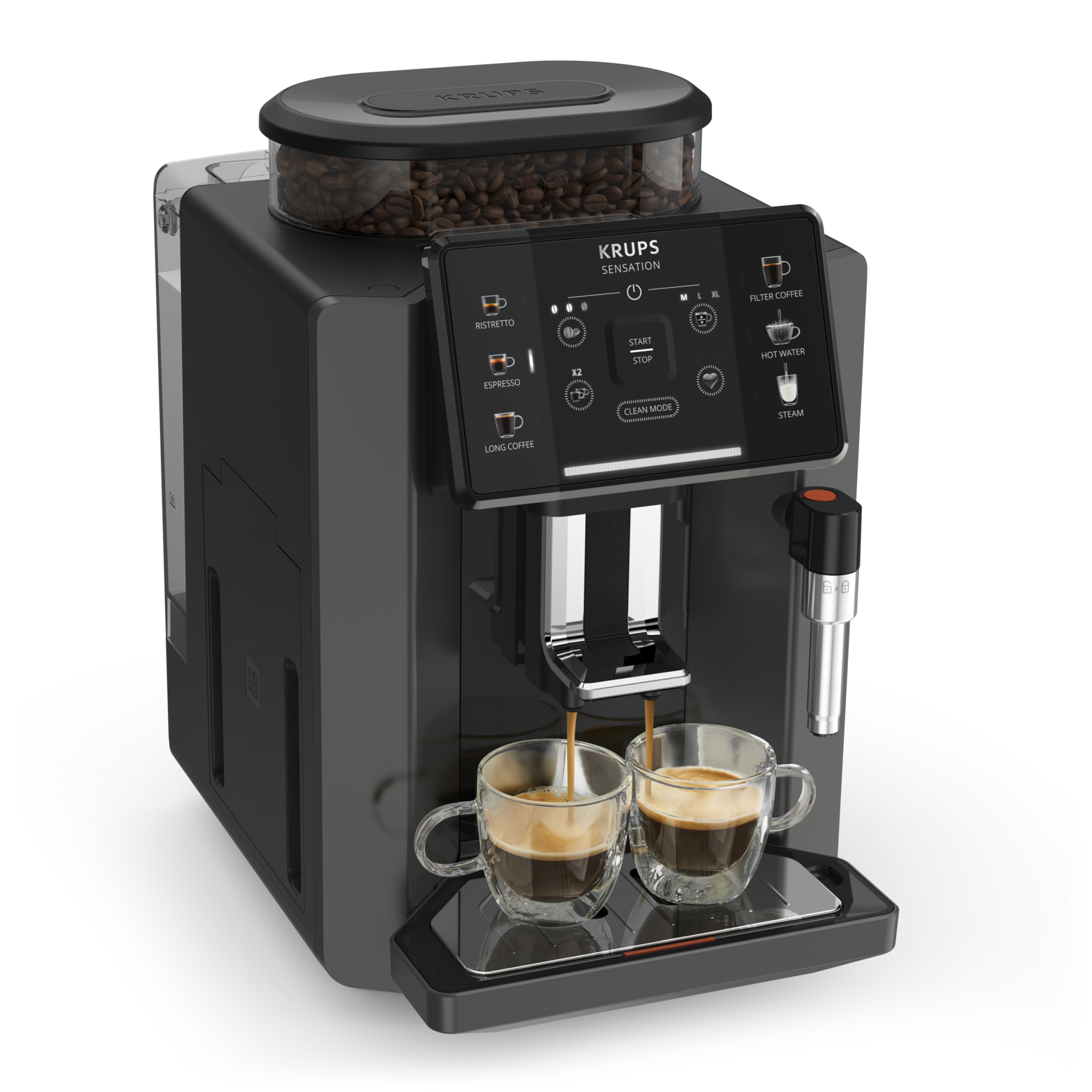 Macchina da caffè Krups Sensations nera. Vengono versate due tazze di caffè. Chicchi visibili.