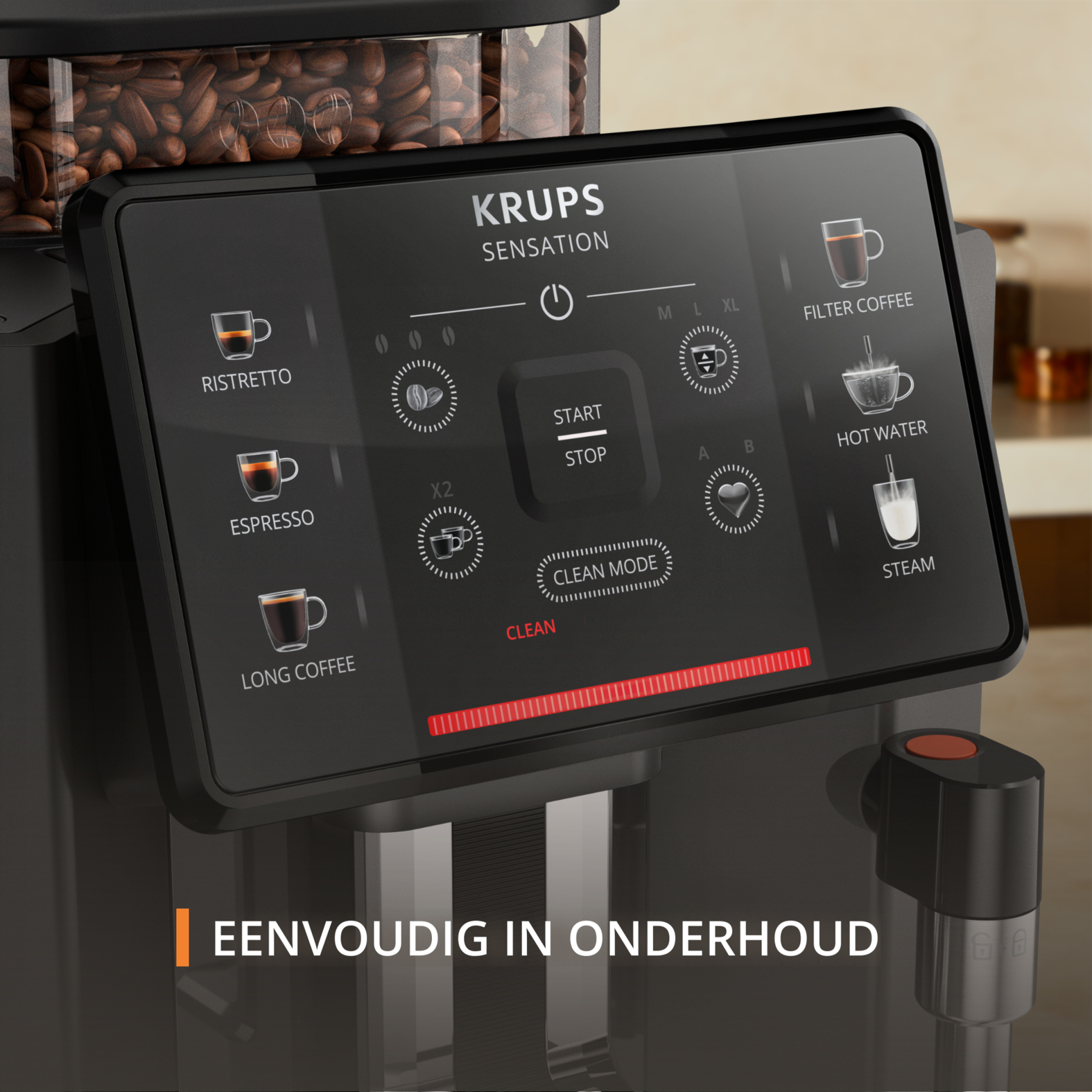 Macchina da caffè Krups Sensations nera con schermo nero. Testo. Tazze di caffè e chicchi. Sfondo scuro.