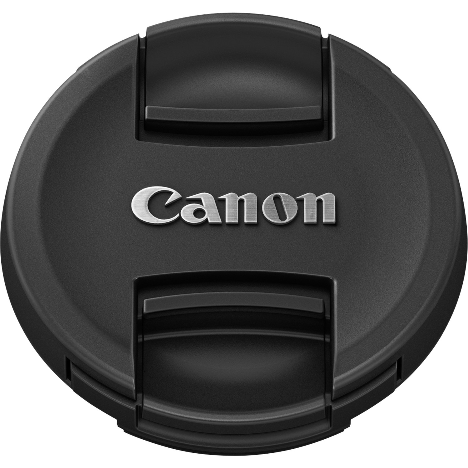 Tappo obiettivo Canon, nero, con logo Canon in lettere argentate. Forma rotonda.