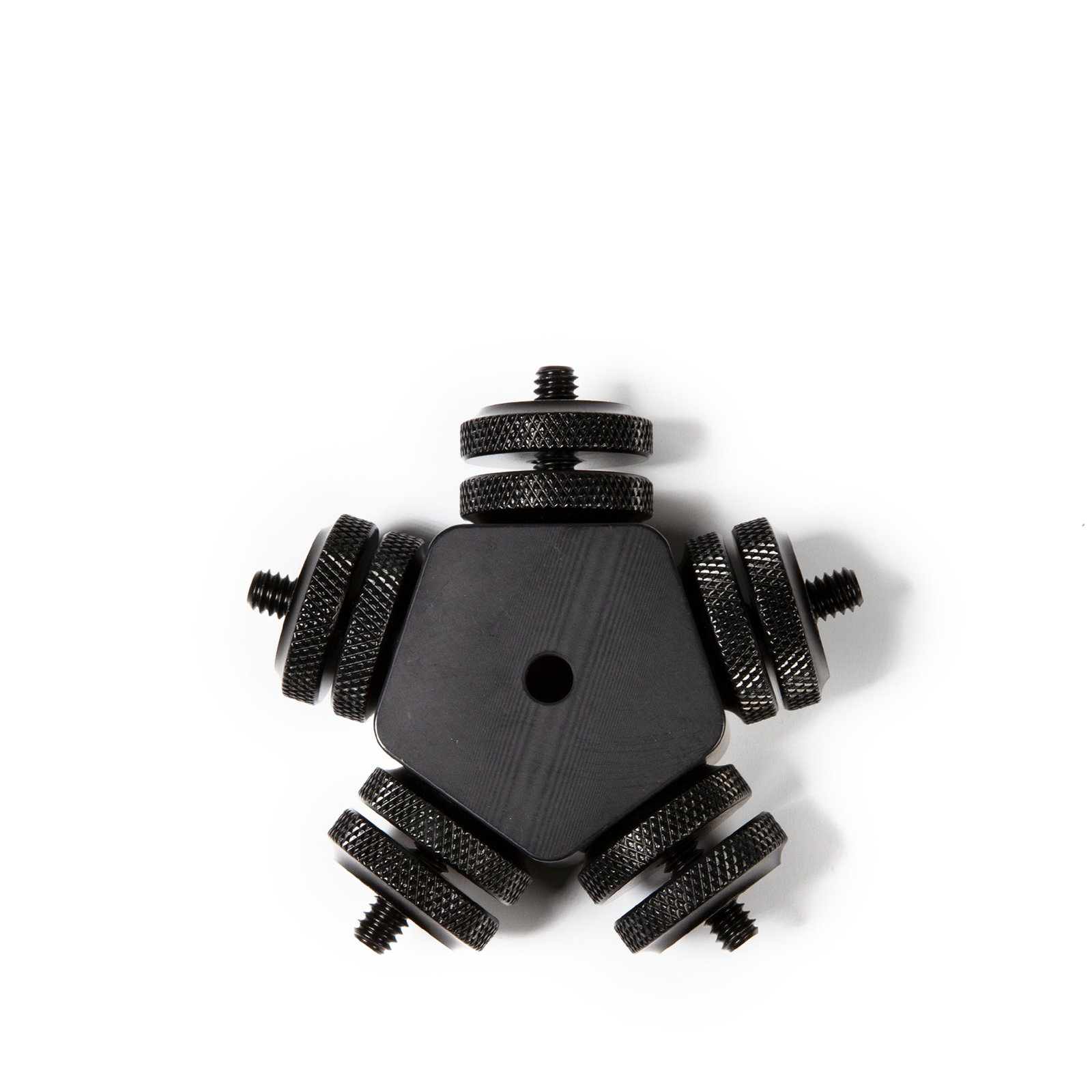 Supporto per fotocamera nero a forma di stella con più parti avvitabili, su sfondo bianco.