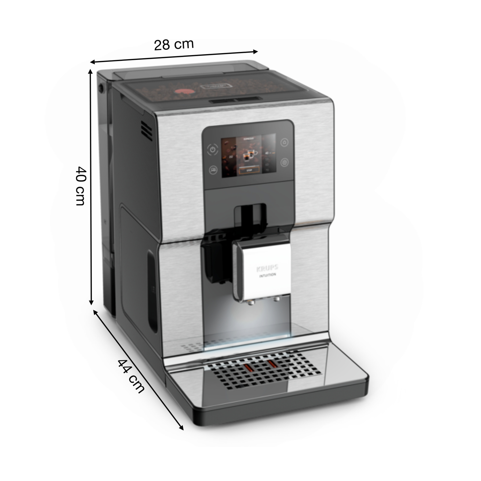 Ekspres do kawy Krups Intuition. Srebrny i czarny. Wymiary 40x44x28cm. Białe tło.