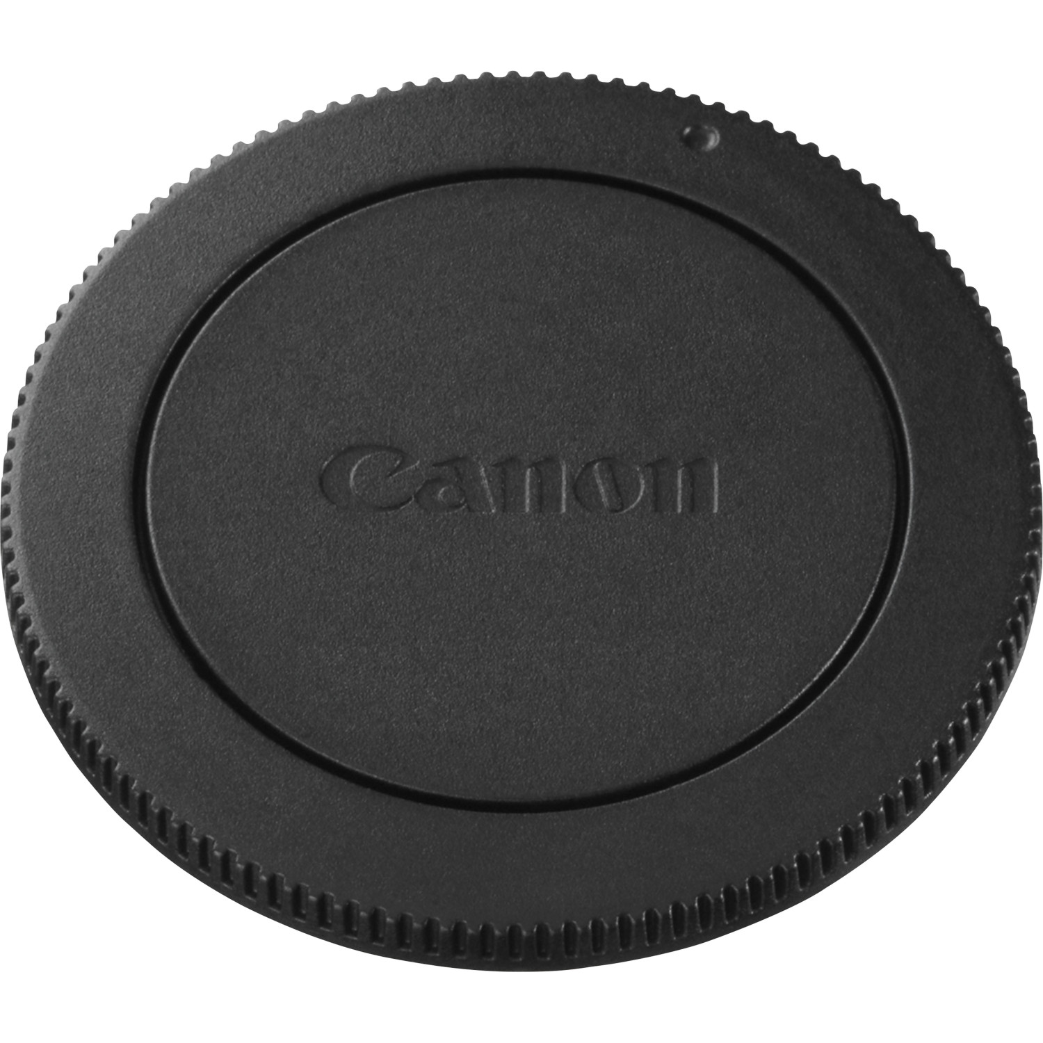 Tappo obiettivo Canon nero con logo Canon bianco.