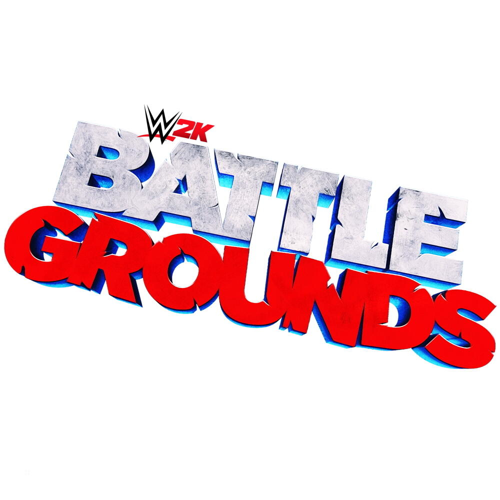 Logo WWE 2K Battlegrounds w odważnym czerwono-srebrnym designie z logo WWE na białym tle.